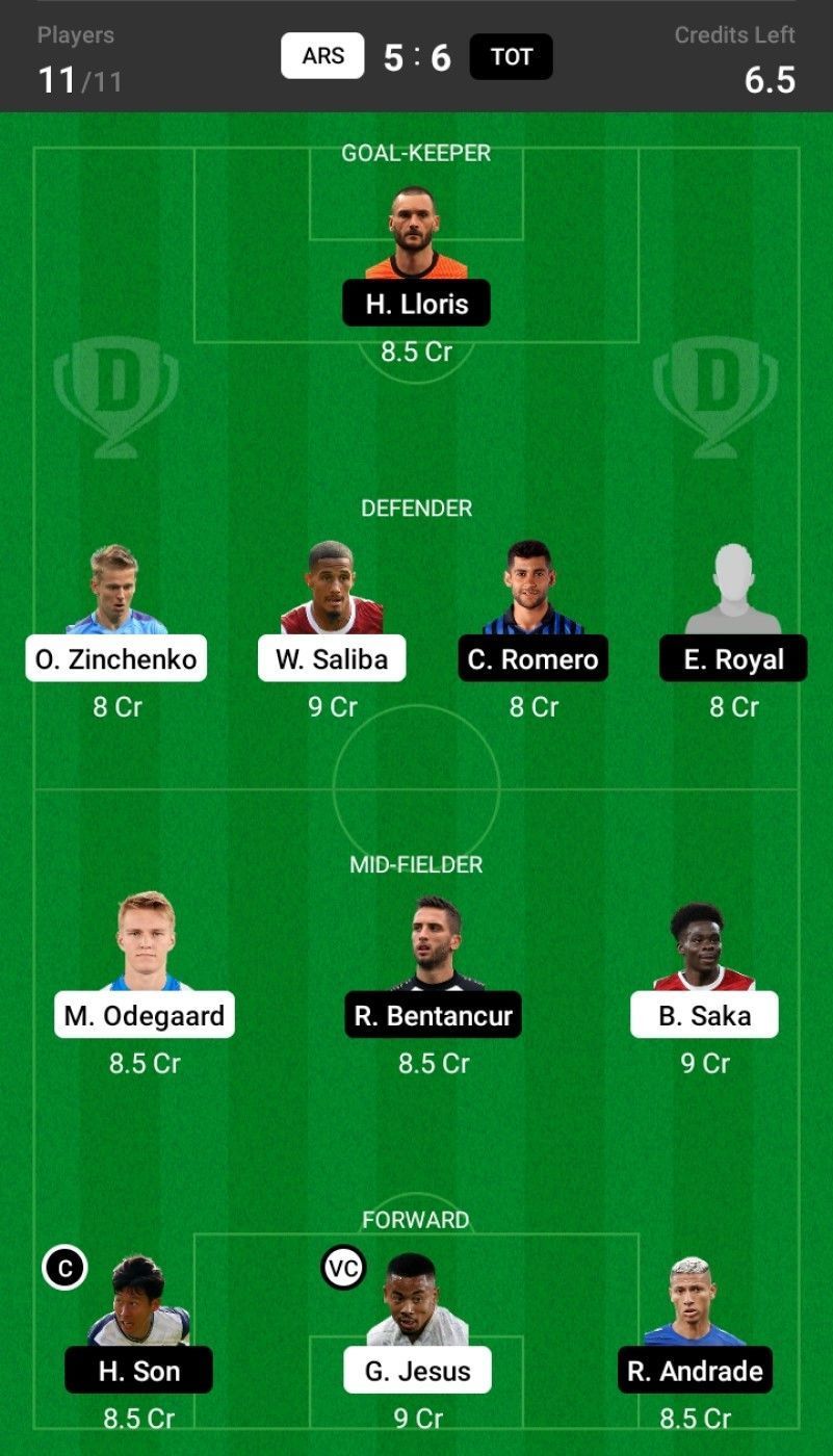 Arsenal vs Tottenham Hotspur Dream11 Fantasy suggestion- 1.