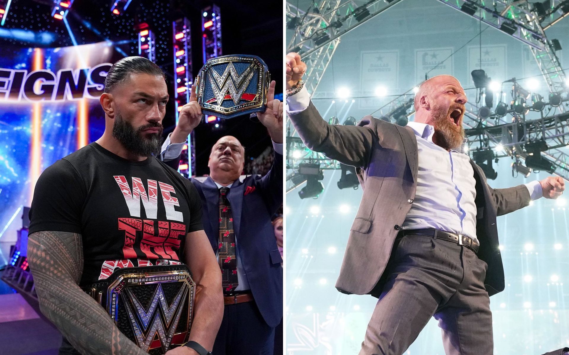 Roman Reigns (left); Triple H (right)