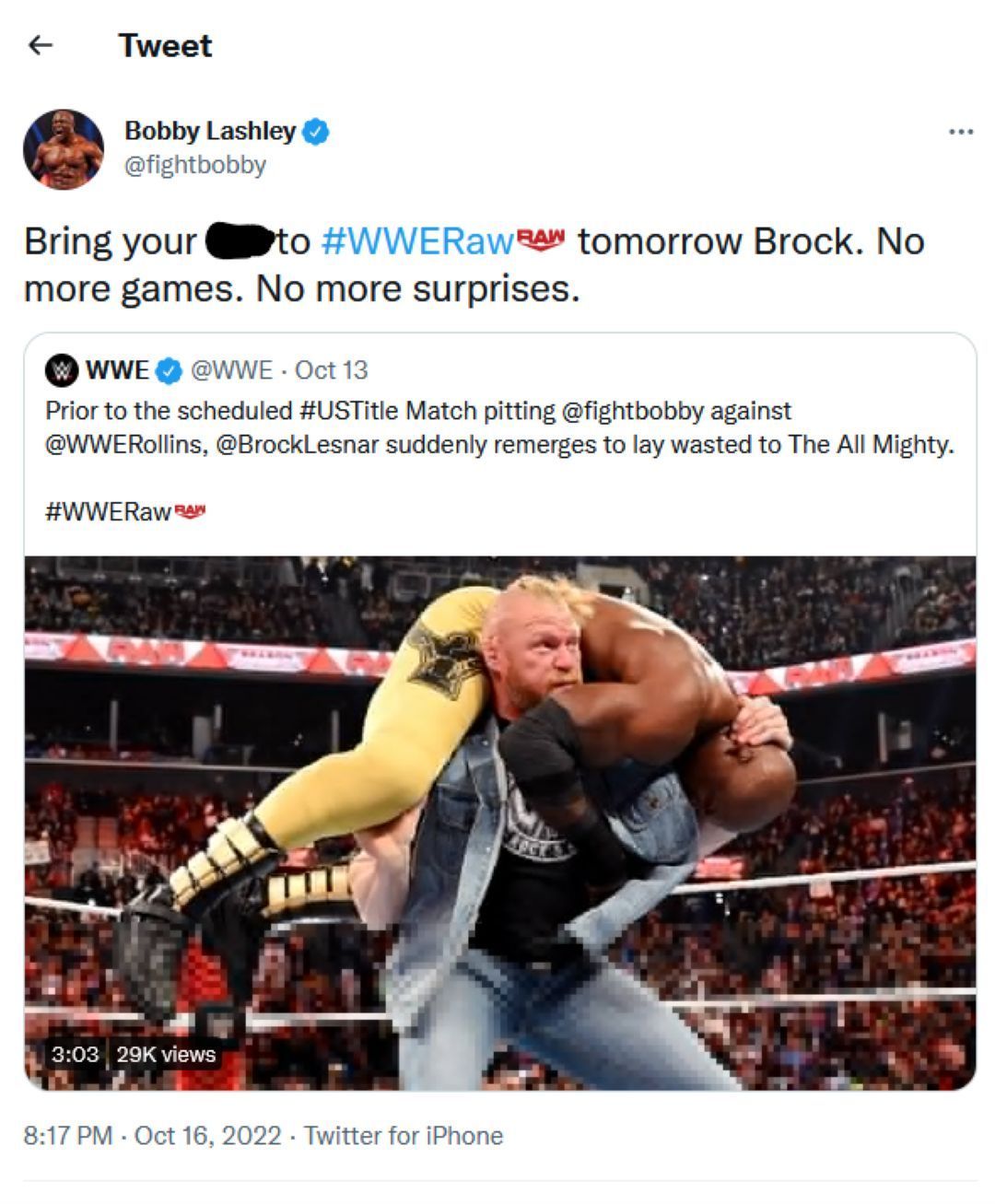 Screengrab of Bobby Lashley&#039;s stern warning for Brock Lesnar