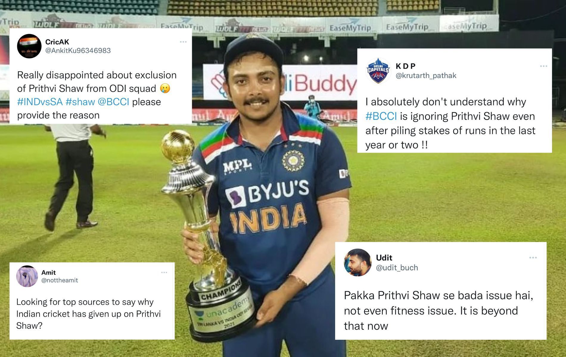 Prithvi Shaw absence from Team India has surprised many fans (Pics: Twitter)