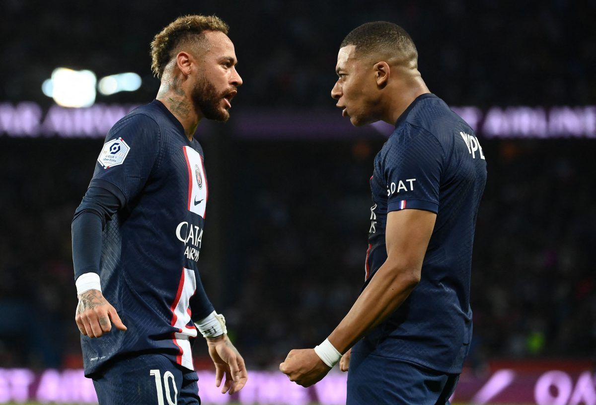 Neymar and Kylian Mbappe celebrate after putting their side 1-0 up. 