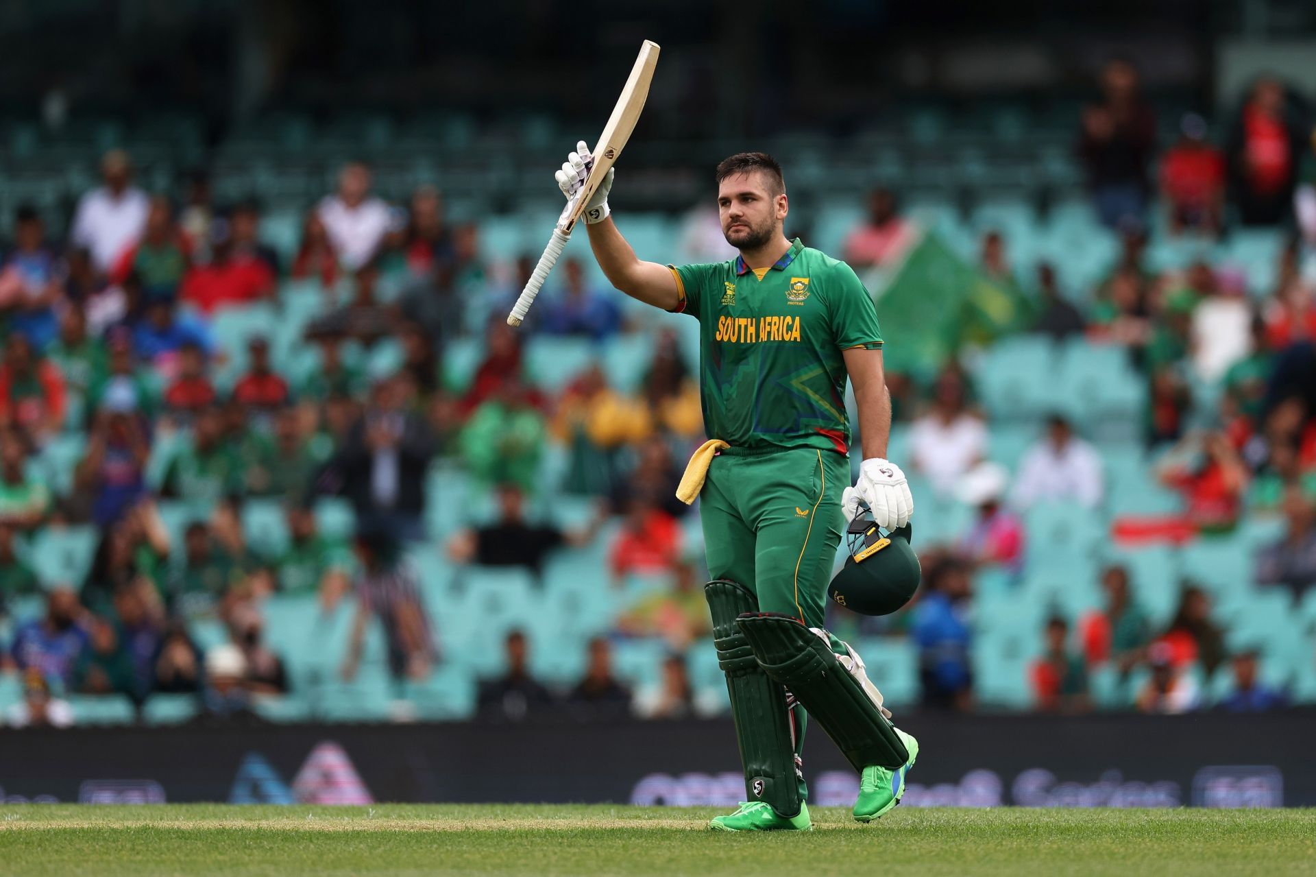 Rilee Rossouw celebrates his ton during the South Africa v Bangladesh game at the ICC Men&#039;s T20 World Cup (Image: Getty)