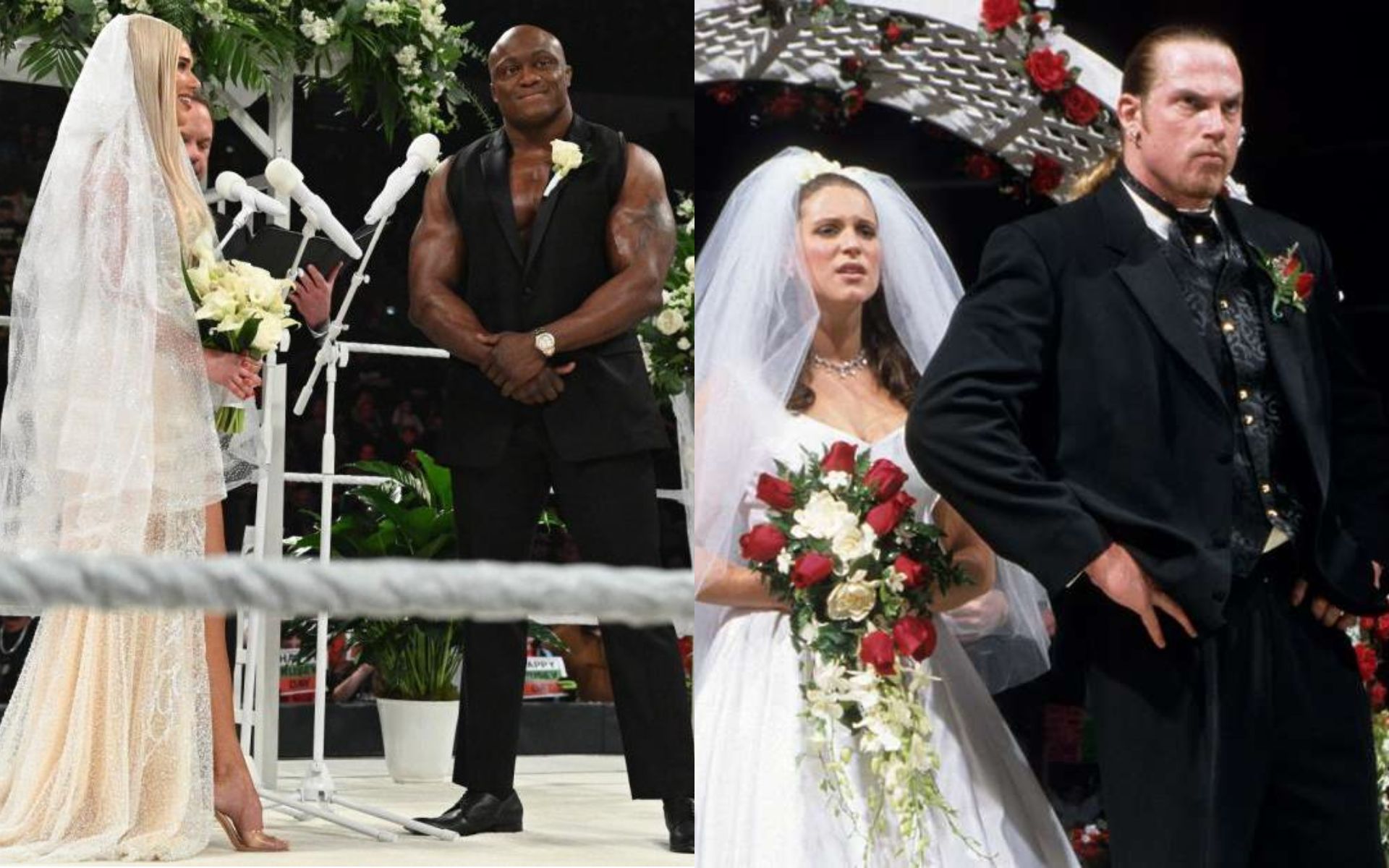 Lana and Bobby Lashley (L); Stephanie McMahon and Test (R)