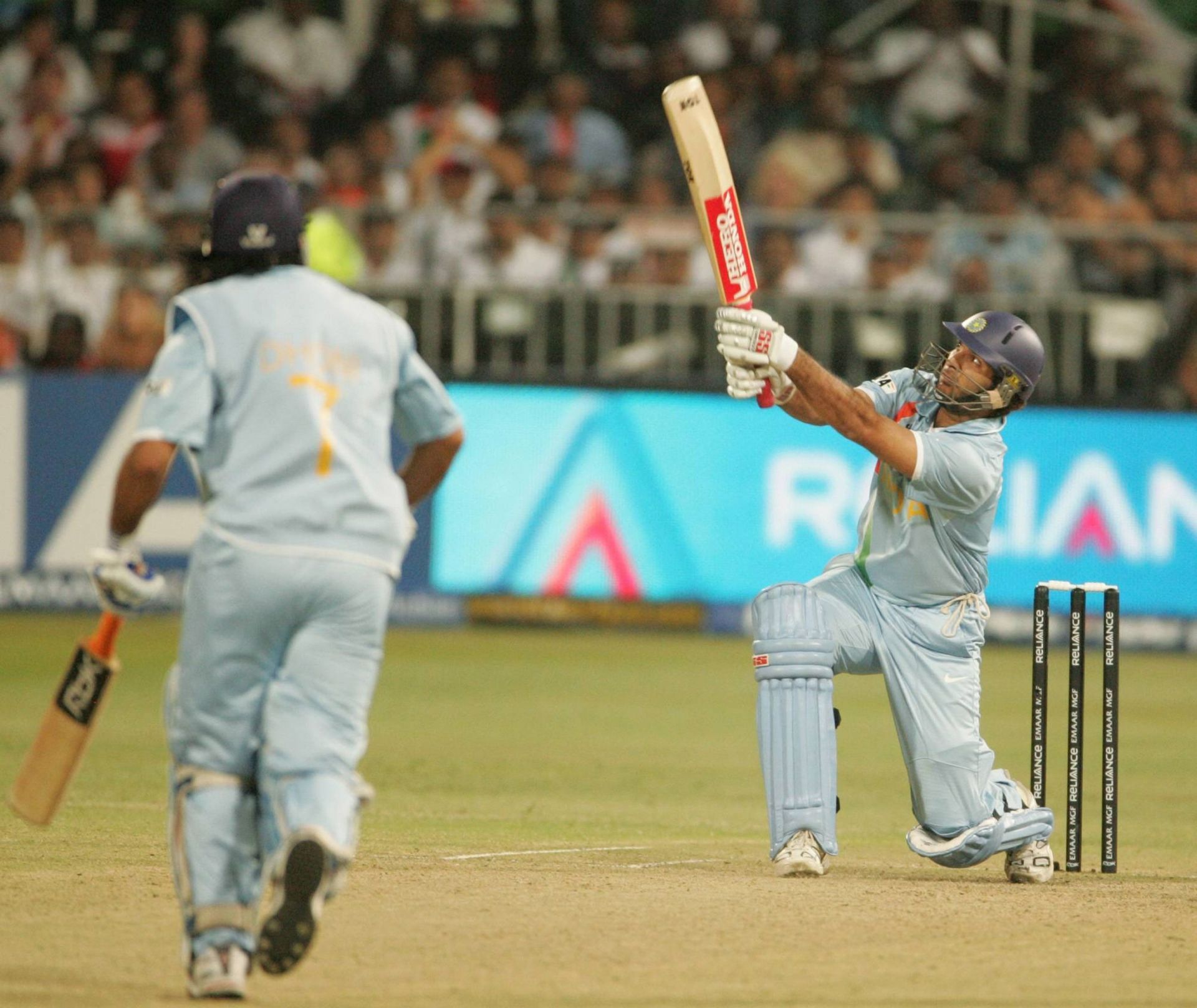 Yuvraj Singh hits a six during the famous 2007 clash against England. Pic: Getty Images