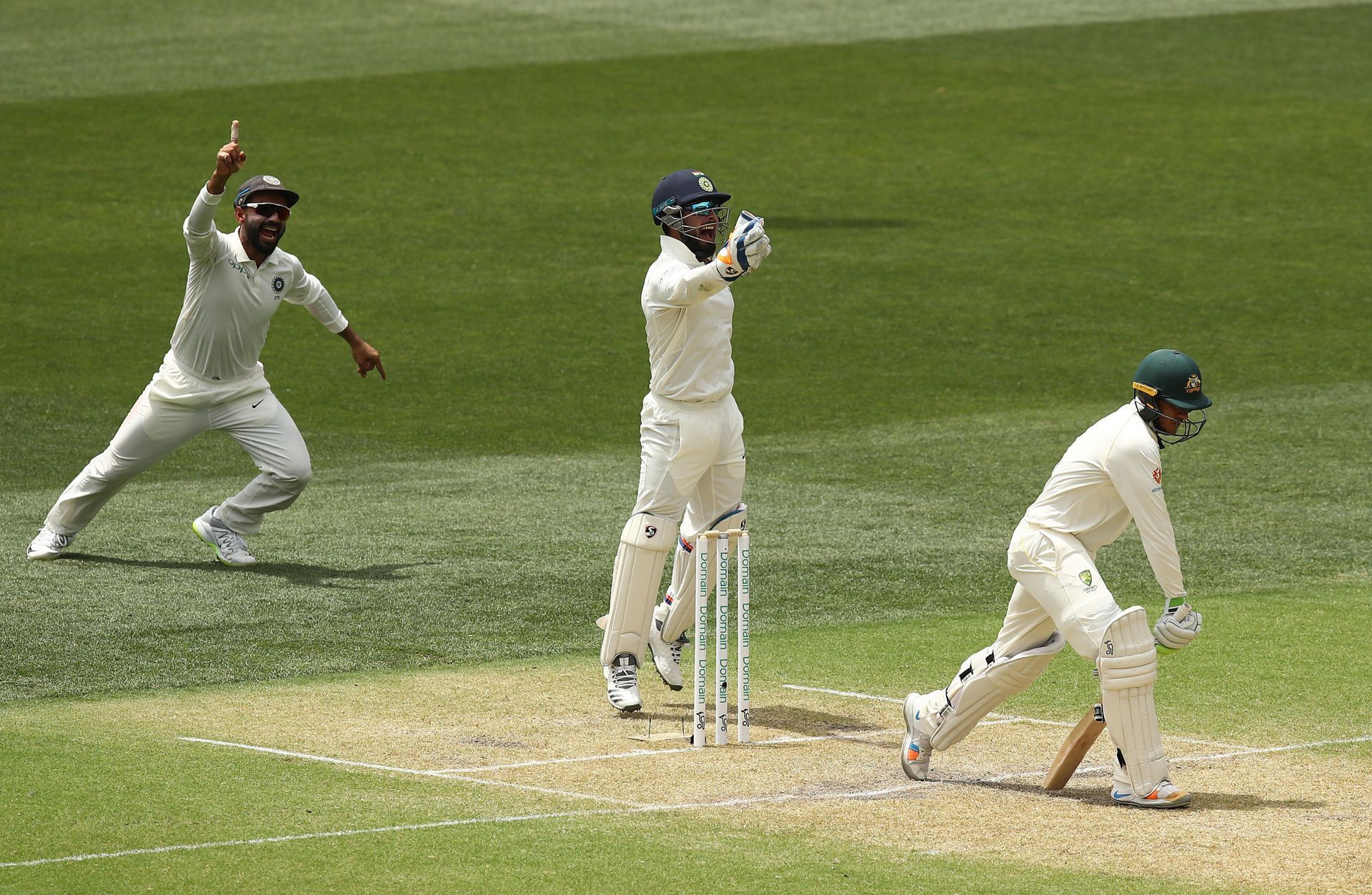Rishabh Pant takes a catch to dismiss Usman Khawaja in the 2018 Adelaide Test. Pic: Getty Images