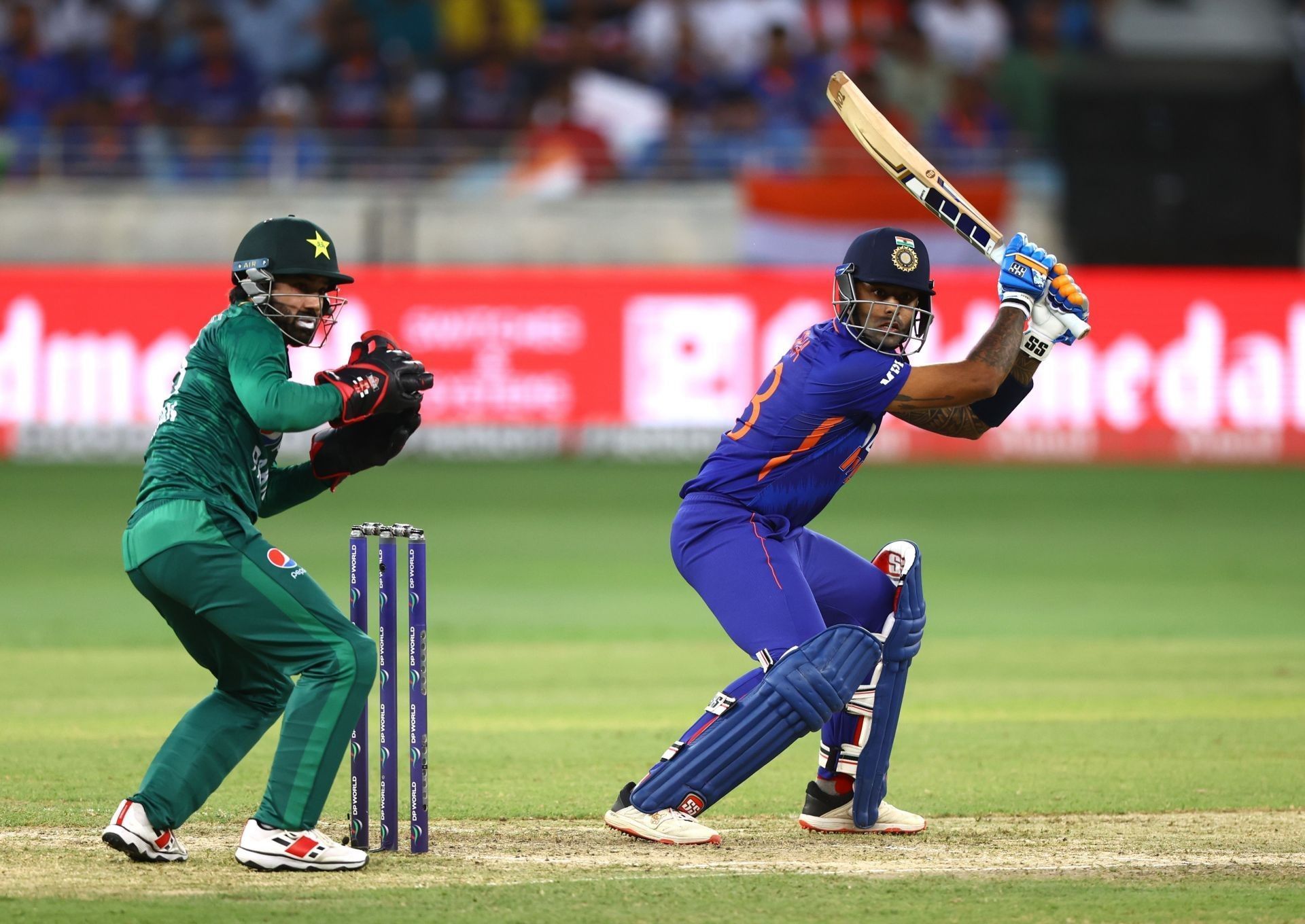 Suryakumar Yadav play a square cut off Shadab Khan at the Asia Cup 2022.