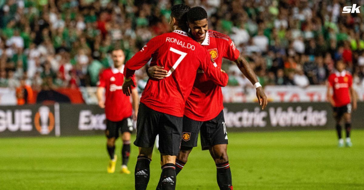 Cristiano Ronaldo and Marcus Rashford celebrate Manchester United