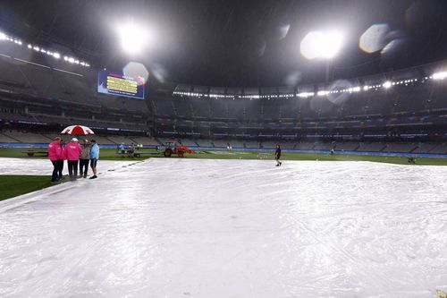 The MCG pitch covered ahead of the New Zealand v Afghanistan clash at the ICC Men's T20 World Cup (Image: Getty)