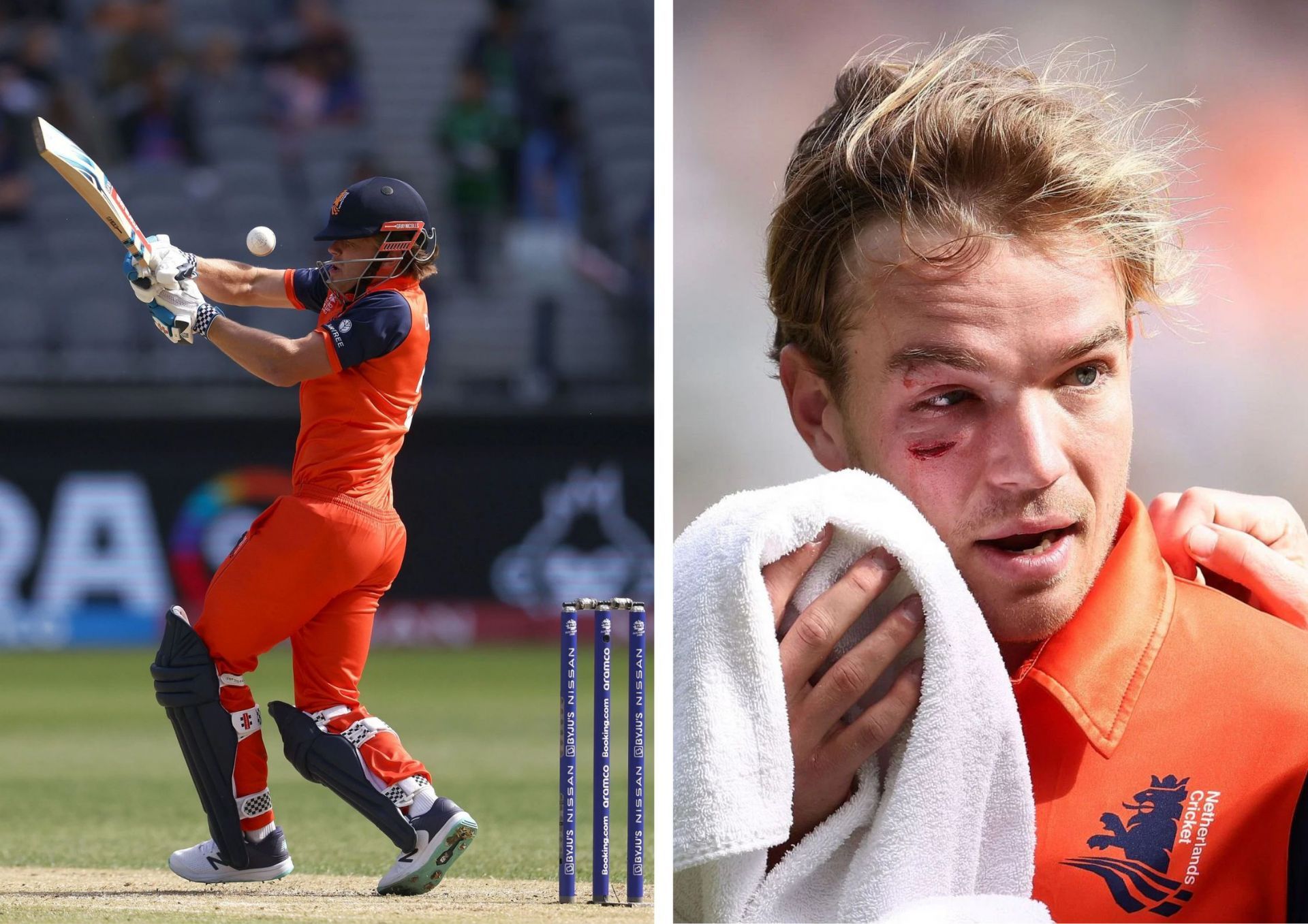 Bas de Leede had to go off the field for treatment to a cut below his right eye as a ferocious Haris Rauf delivery struck him on the grill.