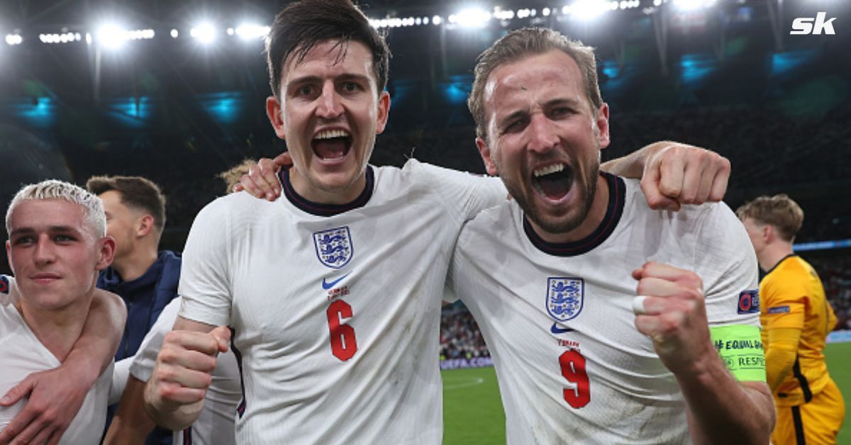 Harry Kane reacts to England teammate Harry Maguire