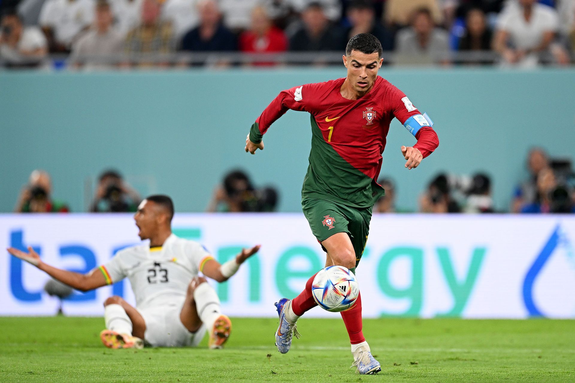 Cristiano Ronaldo in action against Ghana at Stadium 974 in Doha, Qatar.