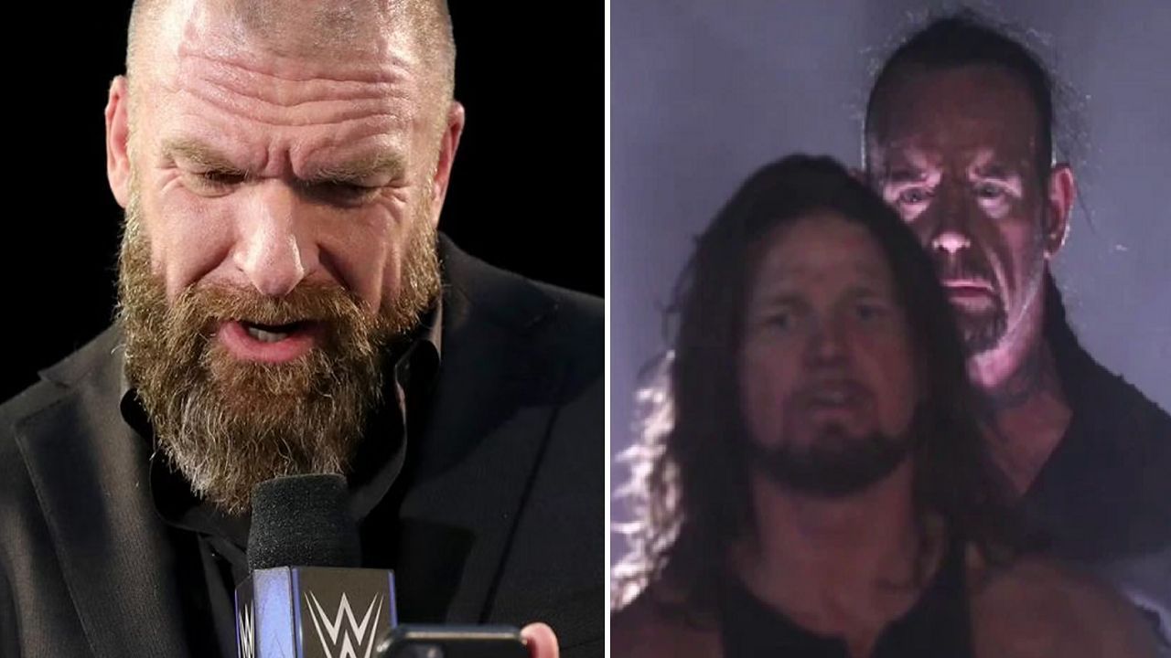 Triple H (left); The Undertaker appears behind AJ Styles at WrestleMania 36 (right)