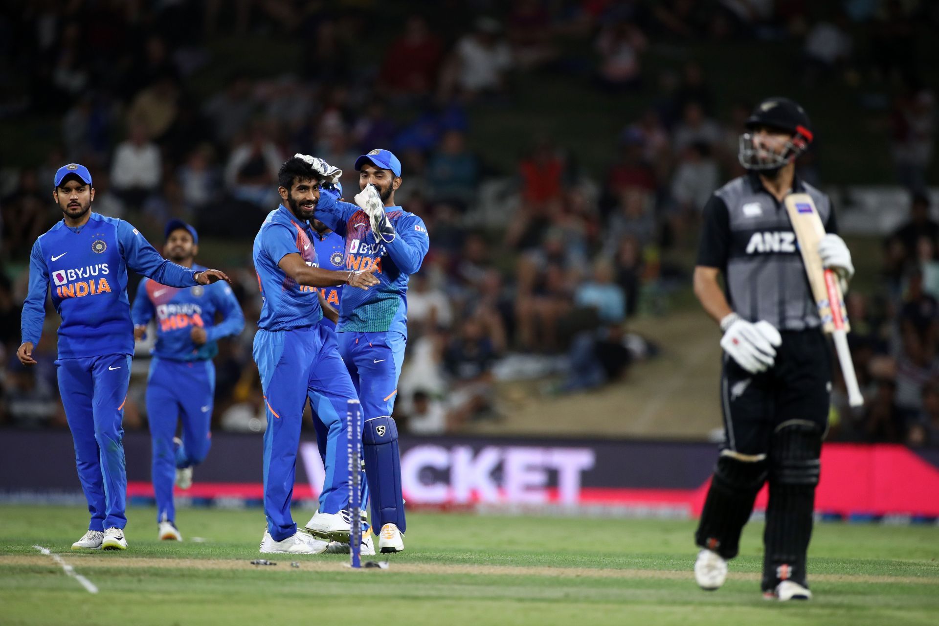 Jasprit Bumrah celebrates Daryl Mitchell’s scalp in Mount Maunganui. Pic: Getty Images