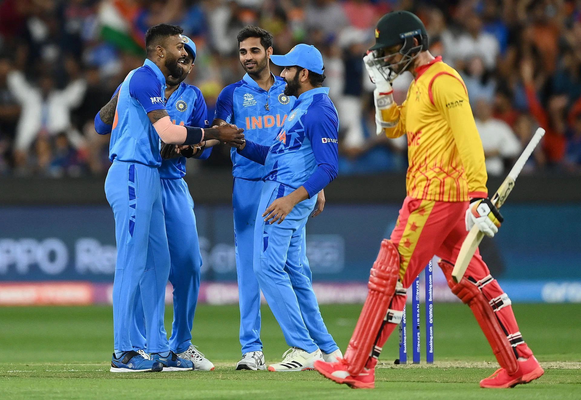 Defending a total of 186, all the Indian bowlers chipped in as Zimbabwe were bundled out for 115. Ashwin claimed three, while Pandya and Shami helped themselves to two apiece. Pic: Getty Images