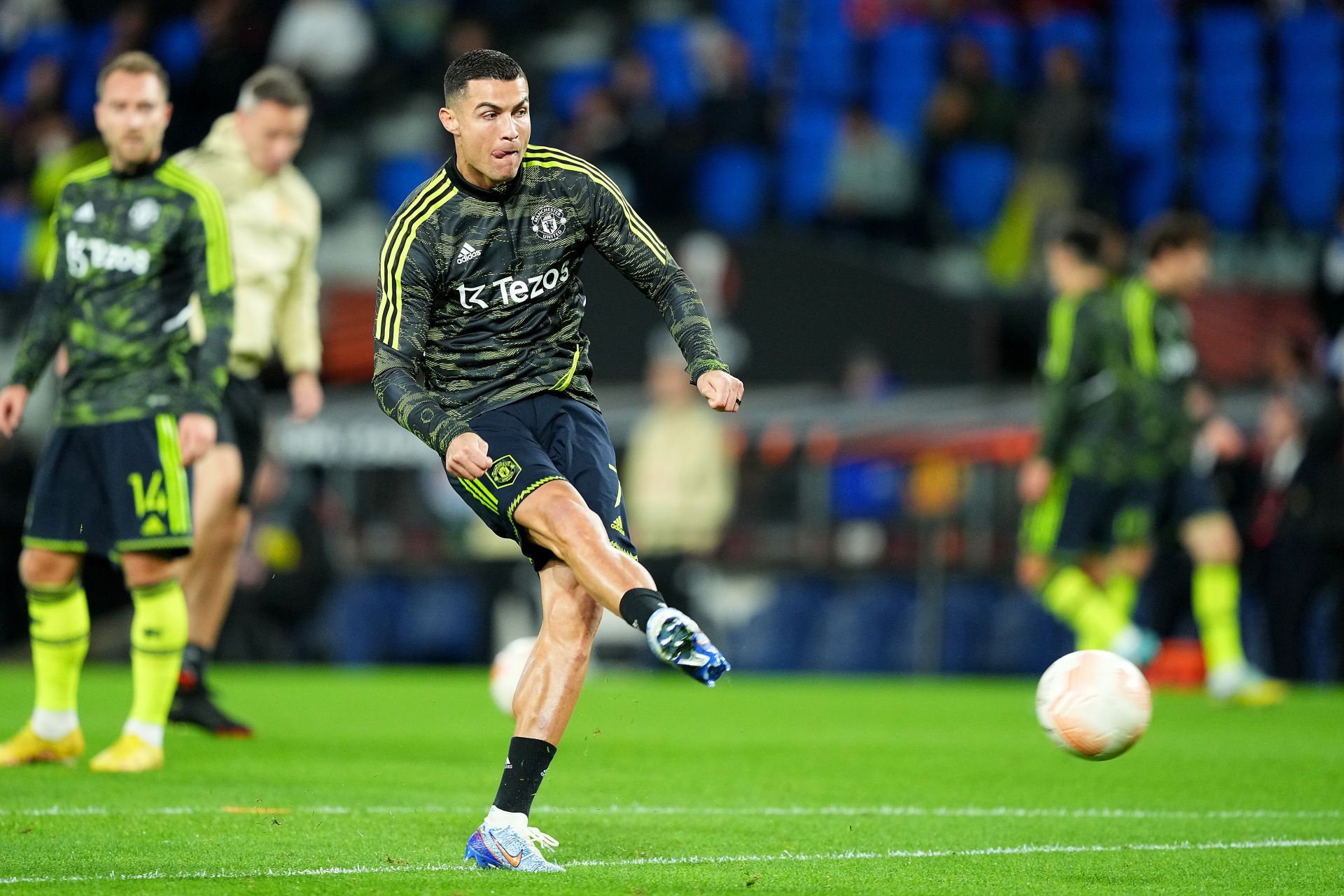 Cristiano Ronaldo warming up ahead of Manchester United's clash with Real Sociedad yesterday.