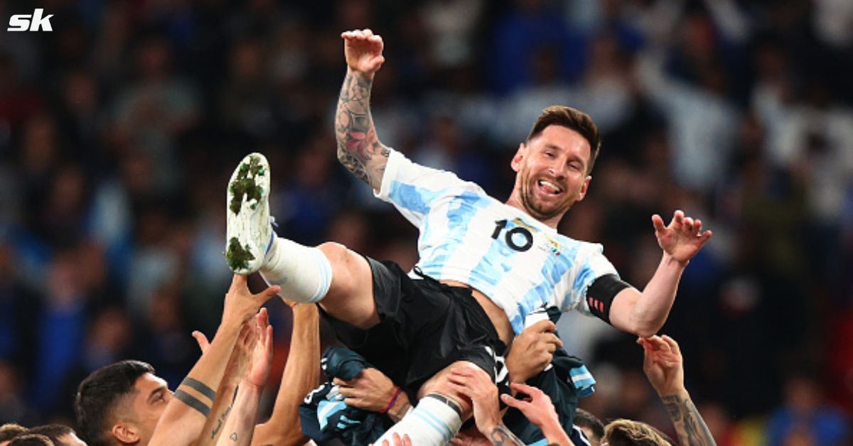 Argentina captain Lionel Messi is hoisted in the air by his teammates after their 2021 La Finalissima win.