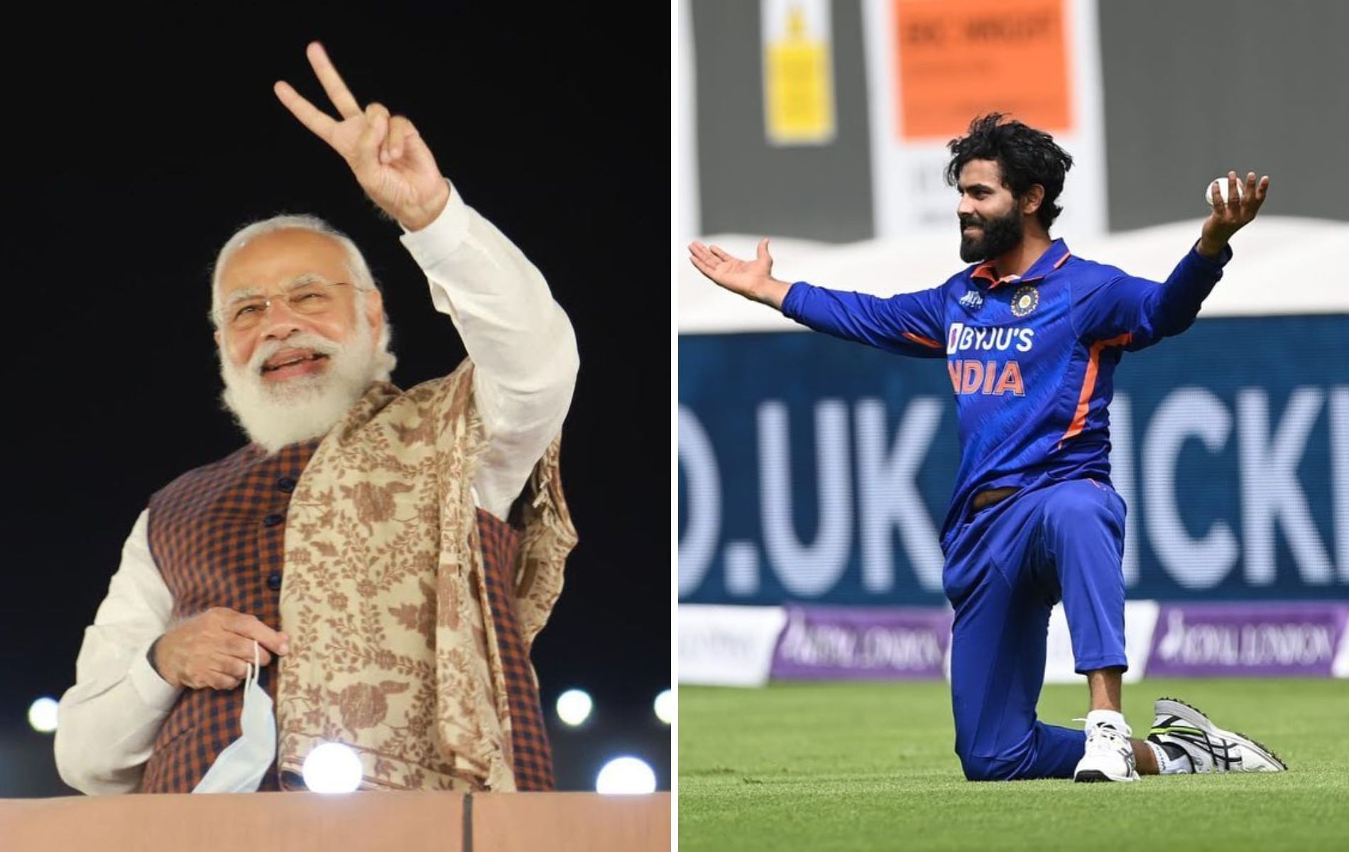 Narendra Modi (L) and Ravindra Jadeja (R). (Pics: Twitter)