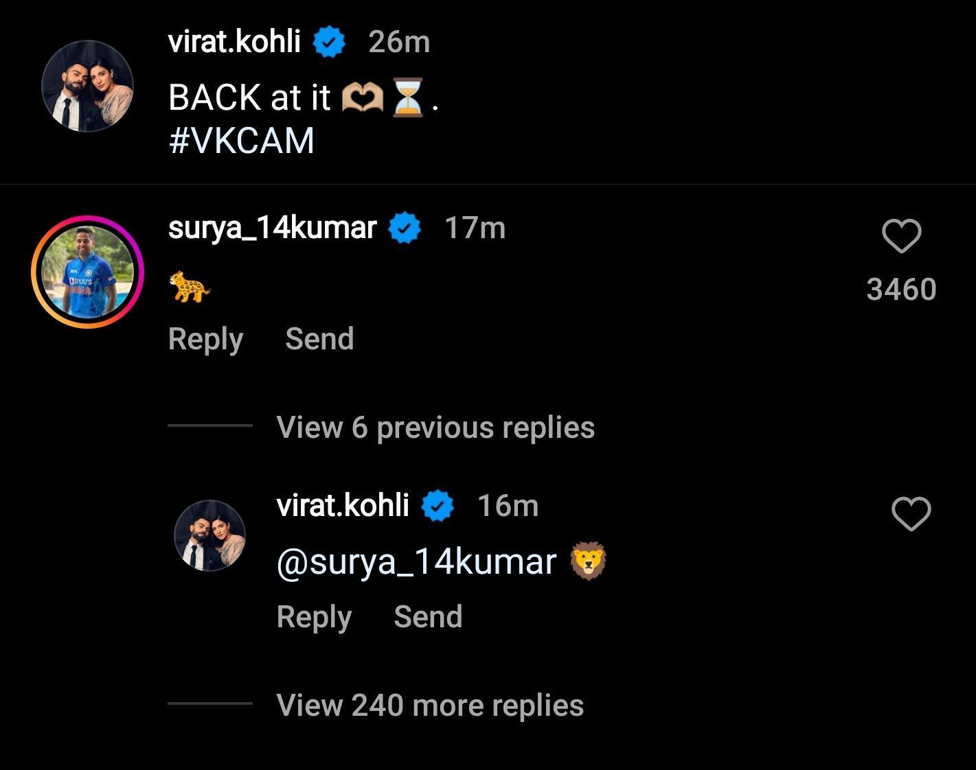 Suryakumar Yadav and Virat Kohli&#039;s conversation under the latter&#039;s latest Instagram video.