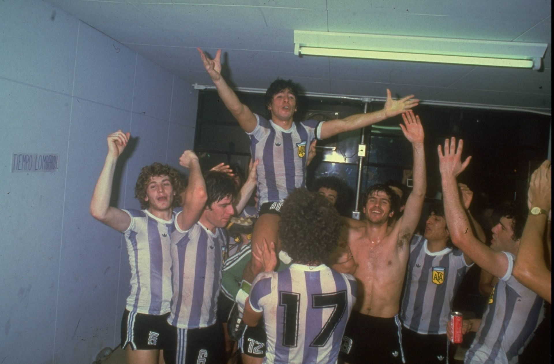 Diego Maradona of Argentina celebrating on his team mates shoulders after winning a game.