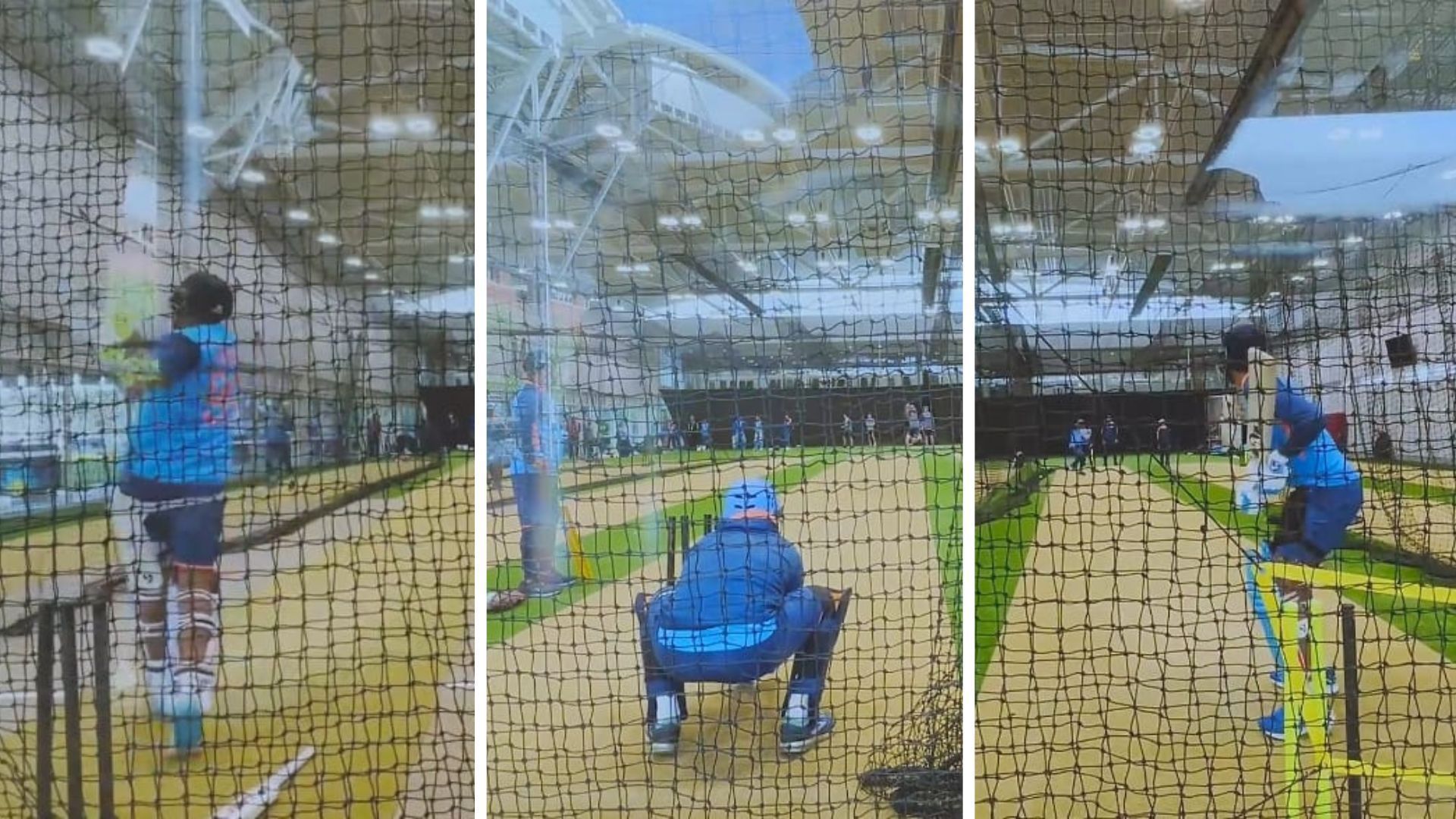 Ravichandran Ashwin (L), Dinesh Karthik and Axar Patel in action in the nets