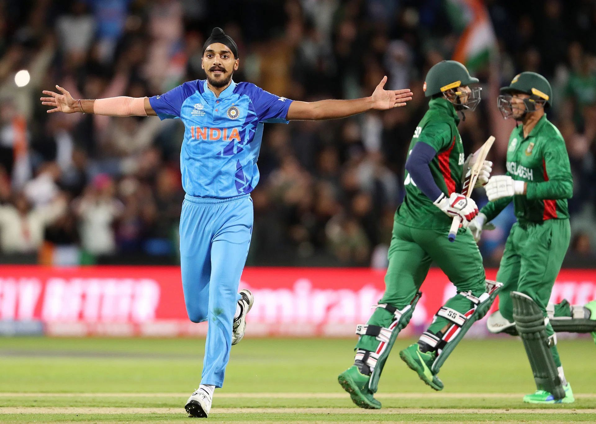 Bangladesh needed 20 runs to win in the last over of the game against India. Nurul Hasan struck Arshdeep Singh for a six and a four. But the young left-arm seamer held his nerve as Team India sneaked home by five runs (D/L method). Pic: Getty Images