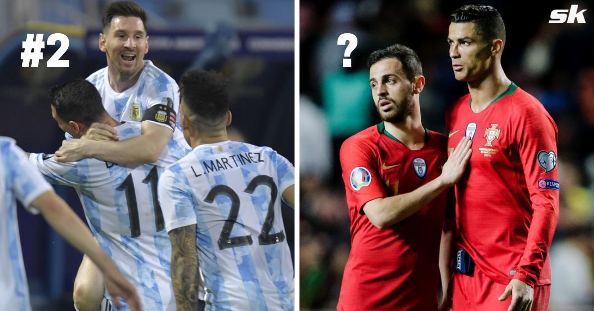 Angel Di Maria, Lionel Messi and Lautaro Martinez (left) and Bernardo Silva and Cristiano Ronaldo (right)