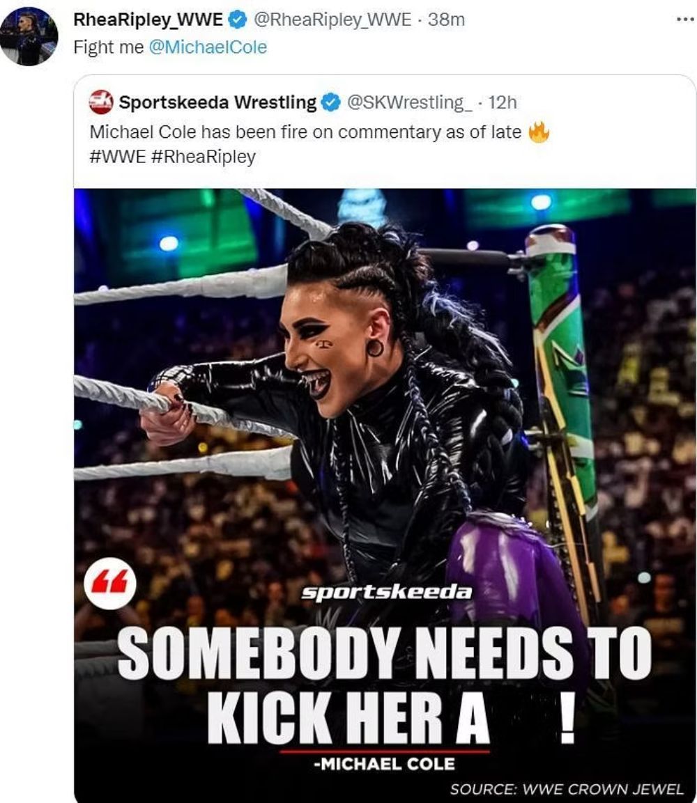 Rhea Ripley&#039;s reply to Michael Cole.