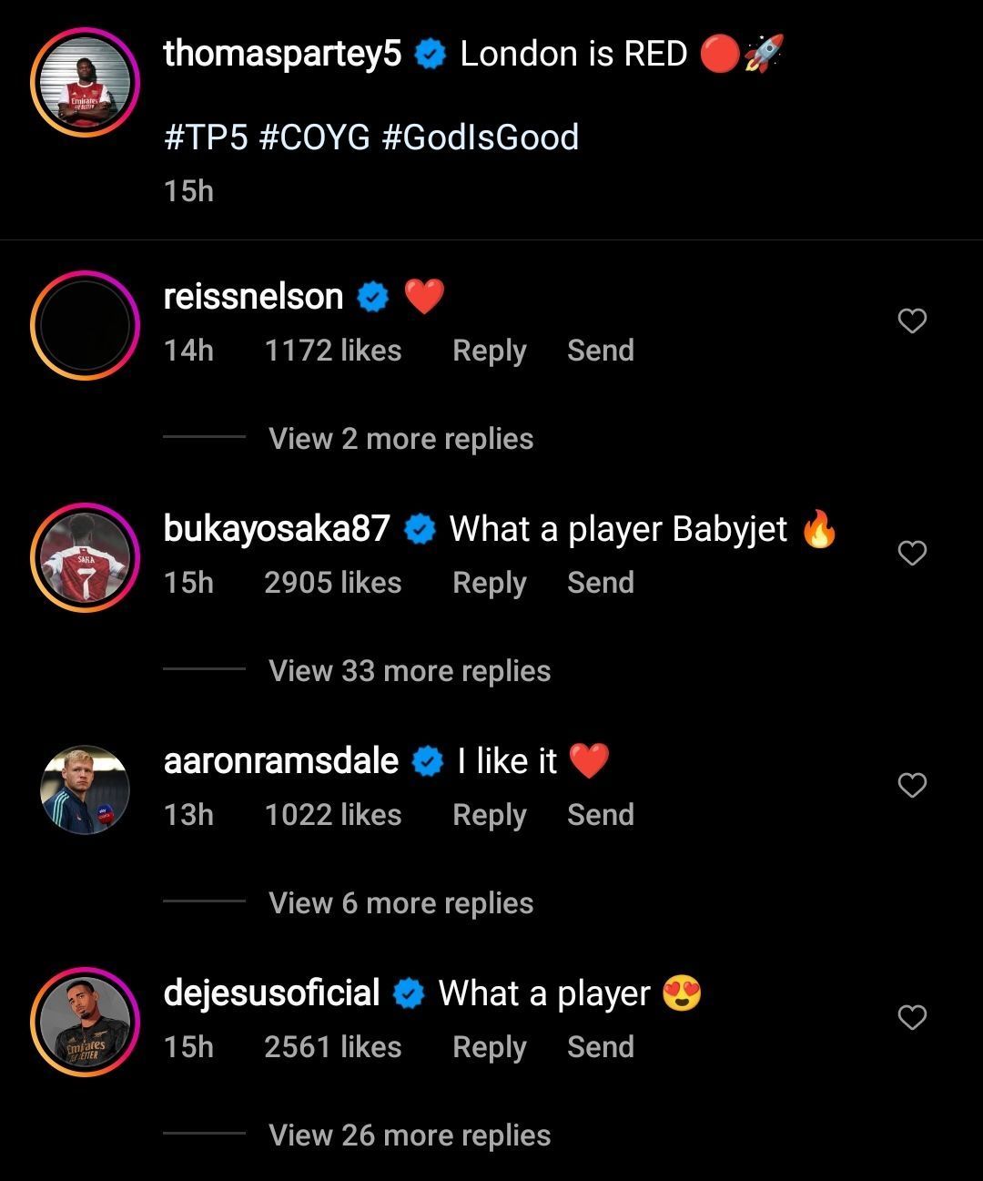 Gabriel Jesus and Bukayo Saka's comments on Thomas Partey's post.