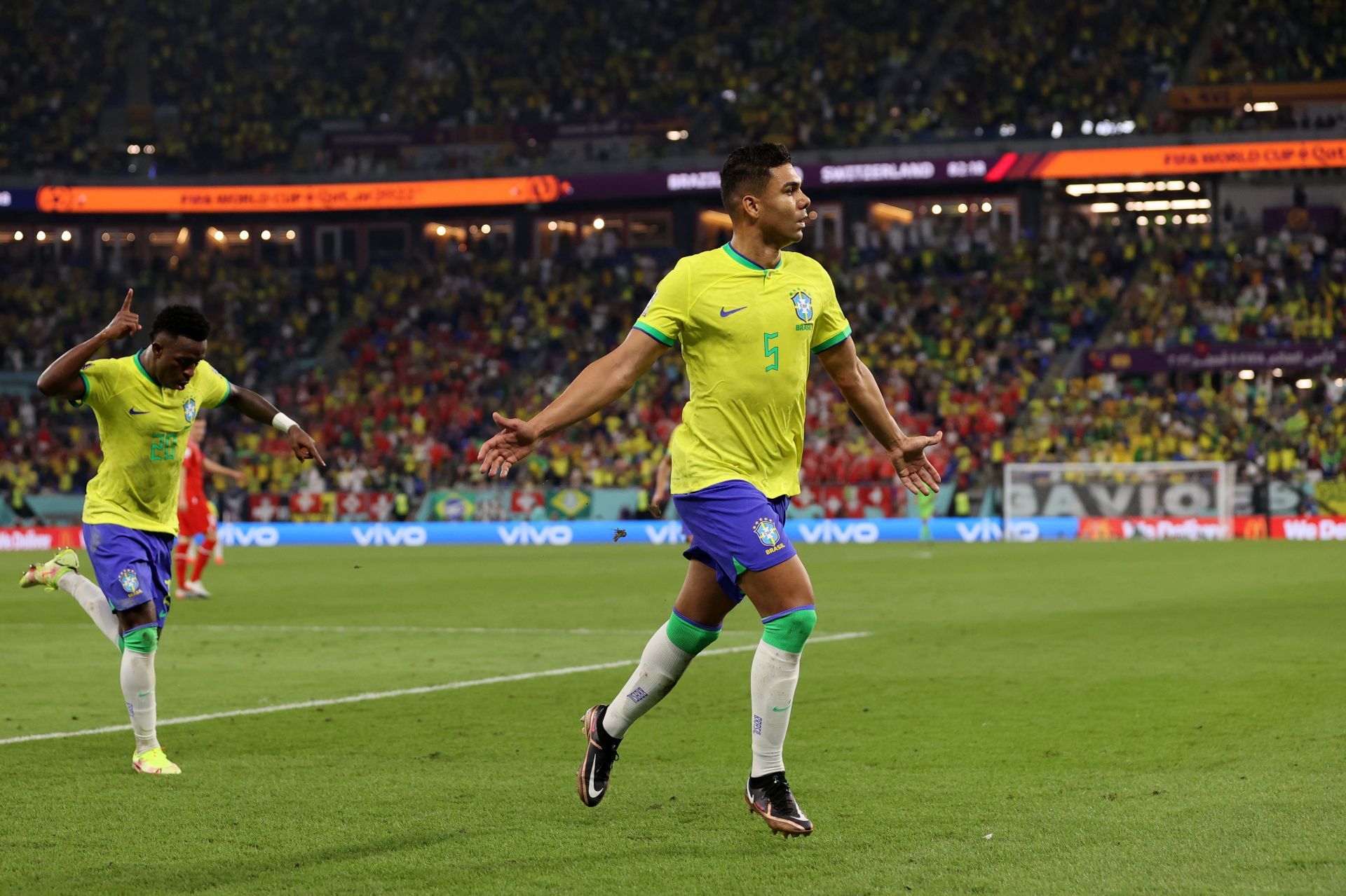 Casemiro celebrates after scoring against Switzerland.