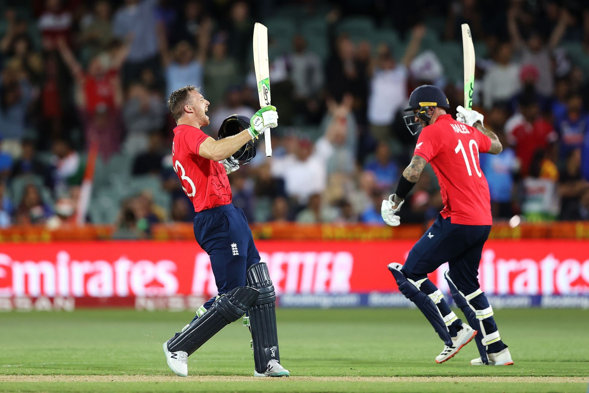 Alex Hales and Jos Buttler celebrate England's win over India. (Credits: Getty)