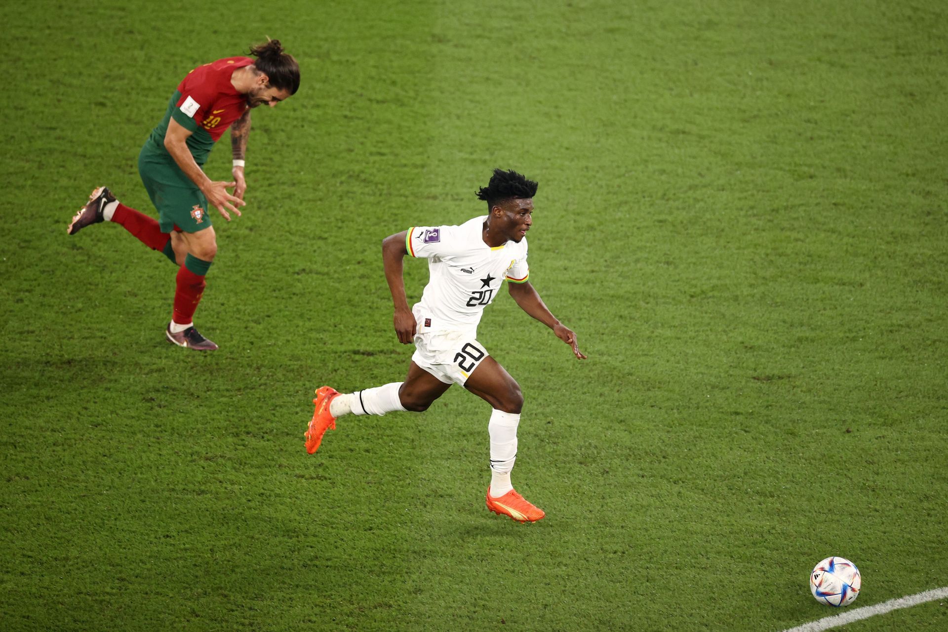 Mohammed Kudus in action against Portugal at Stadium 974 in Doha, Qatar.