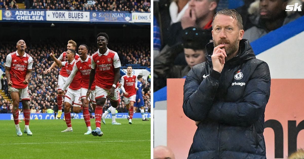 [L-to-R] Arsenal players celebrate their goal; Chelsea boss Graham Potter.