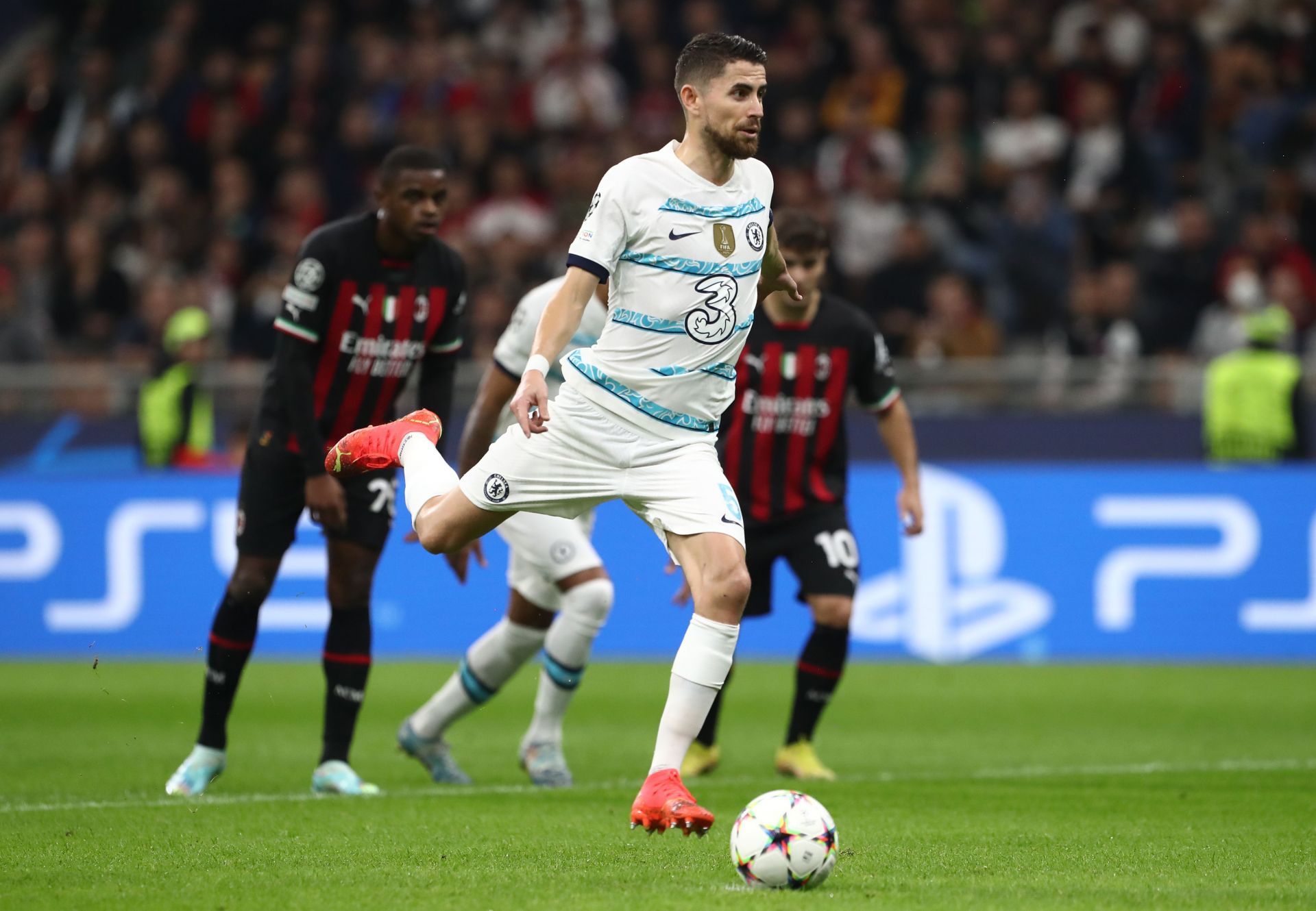 Jorginho in action v AC Milan in the UEFA Champions League
