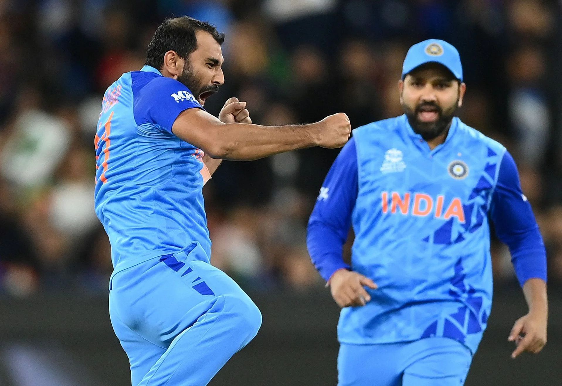 After Babar and Rizwan perished cheaply, Iftikhar Ahmed launched a counter-attack, smashing 51 in 34. His fine knock ended when he was trapped lbw by Mohammed Shami. Pic: Getty Images