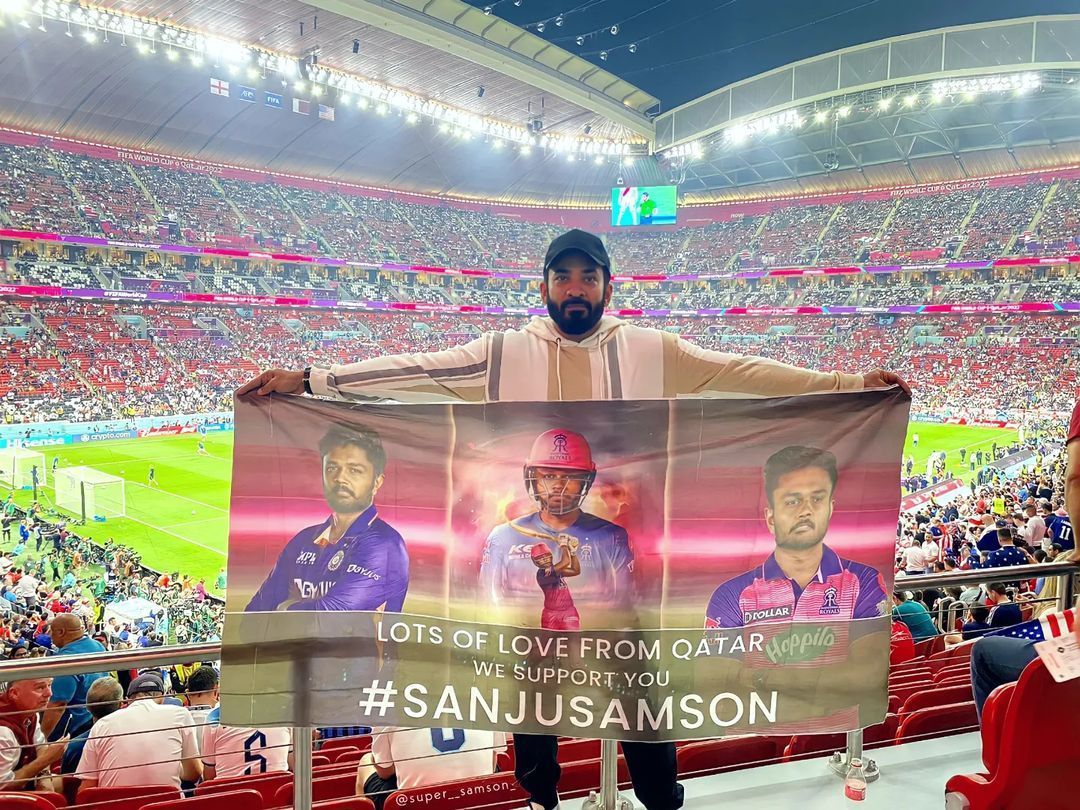 An admirer of the Kerala cricketer at the ongoing FIFA World Cup 2022.