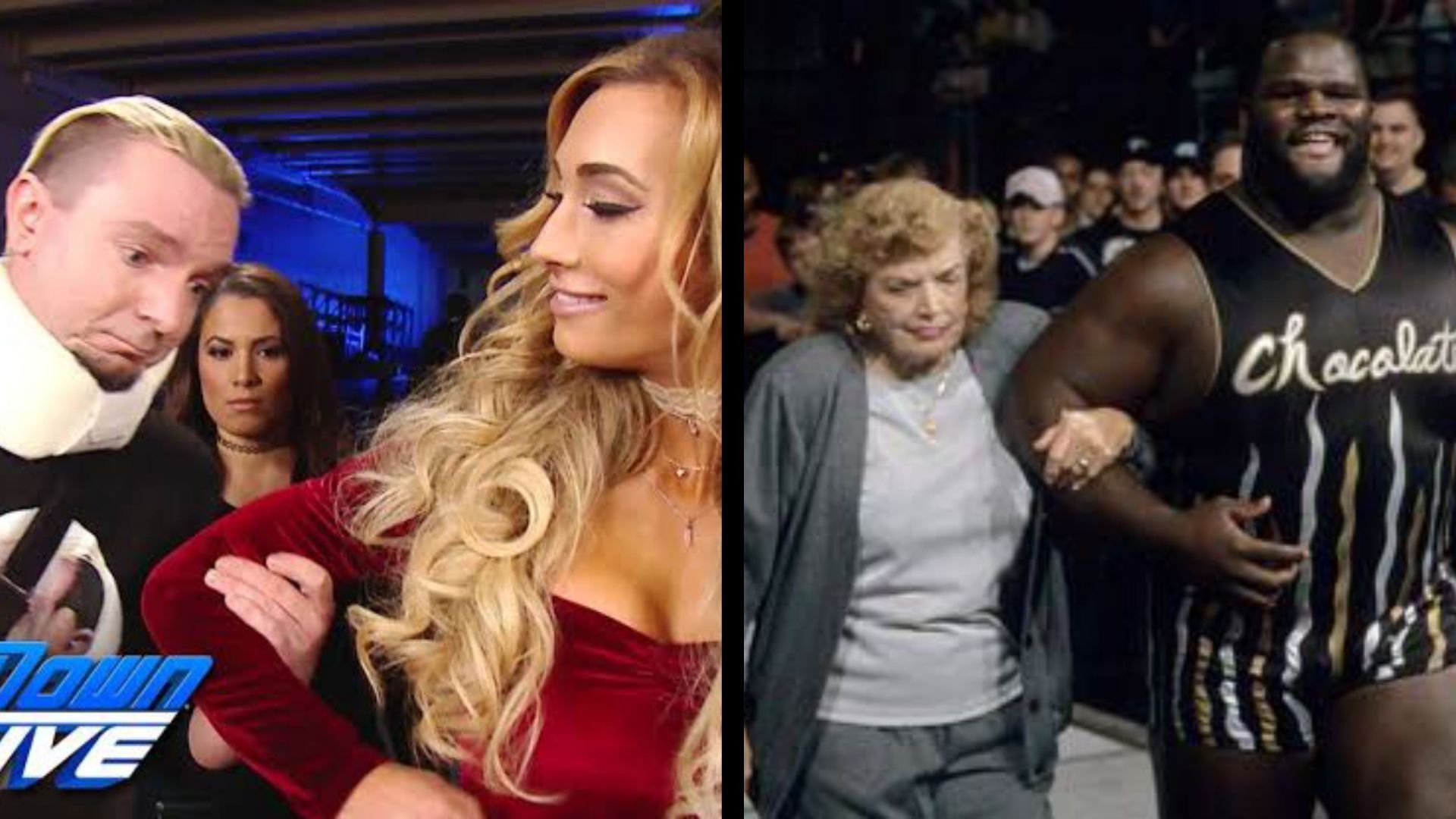 James Ellsworth and Carmella (L); Mae Young and Mark Henry (R).