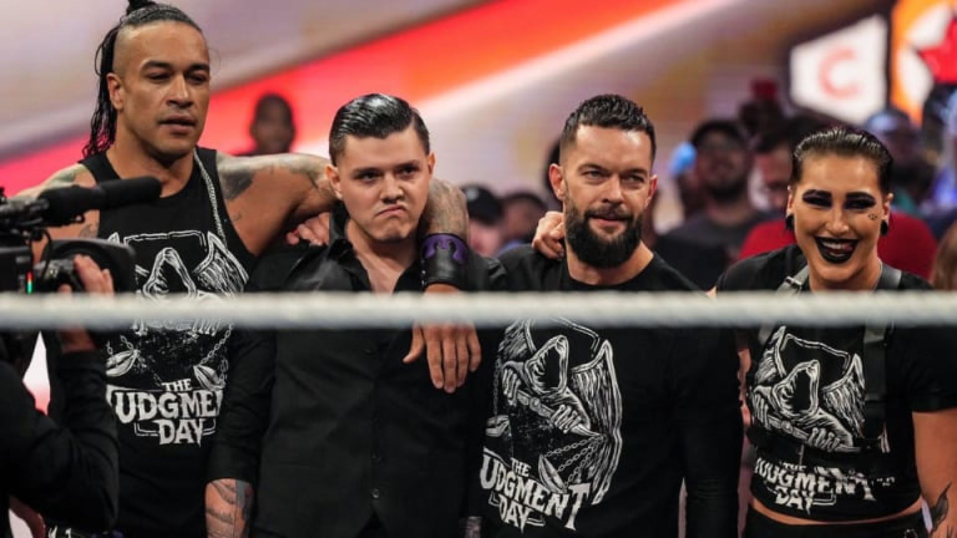 The Judgment Day (from left to right): Damien Priest, Dominik Mysterio, Finn Bálor and Rhea Ripley