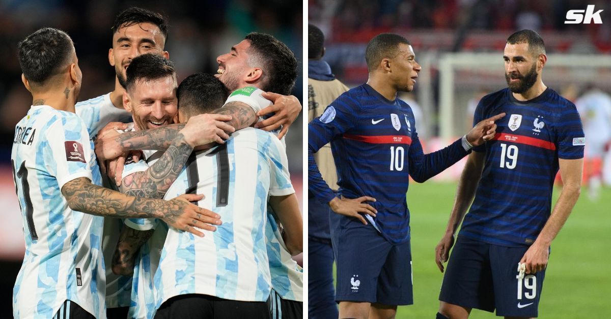 Lionel Messi with his teammates (left) and Kylian Mbappe and Karim Benzema (right)