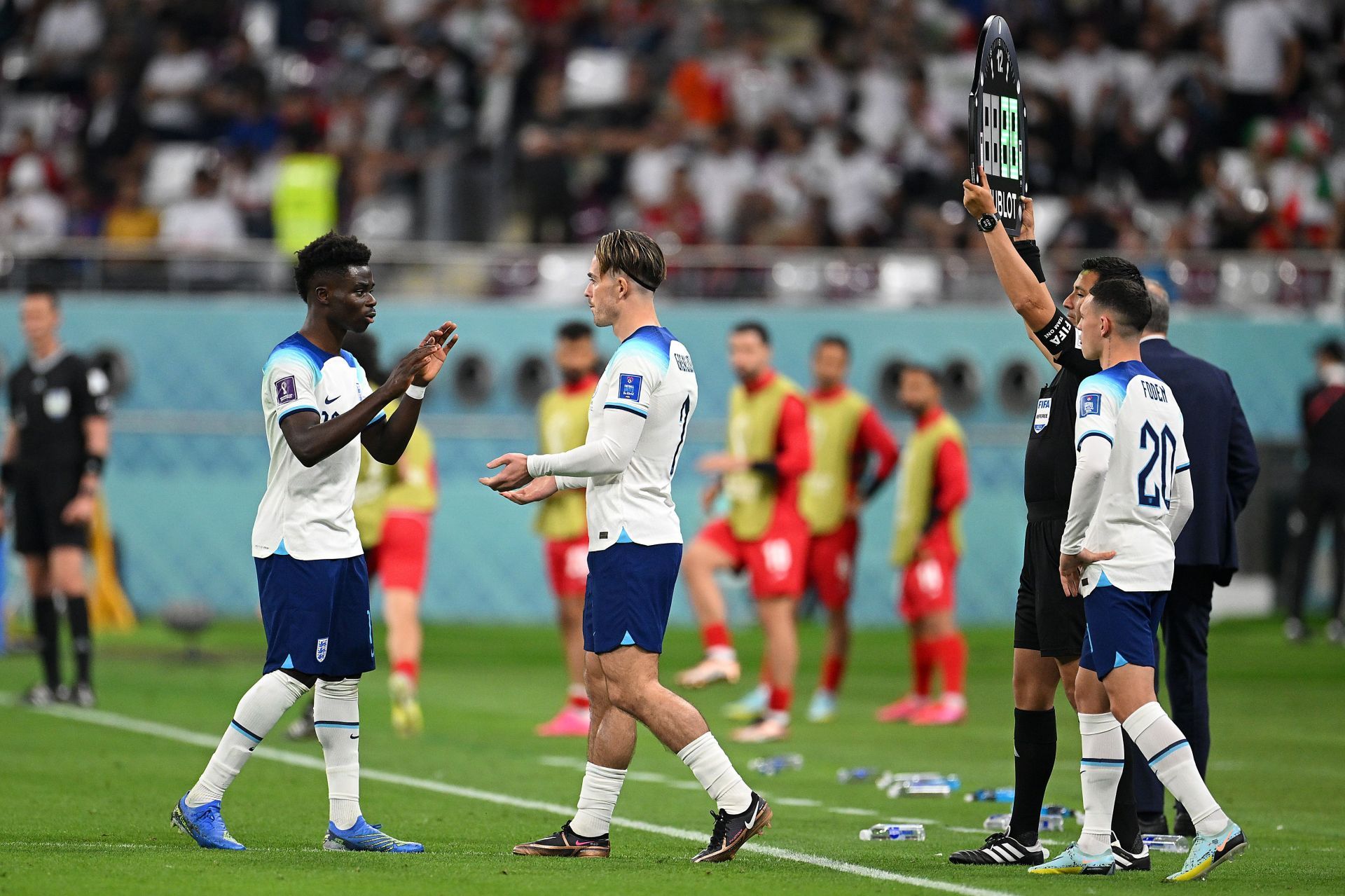 Saka coming off for Jack Grealish against Iran