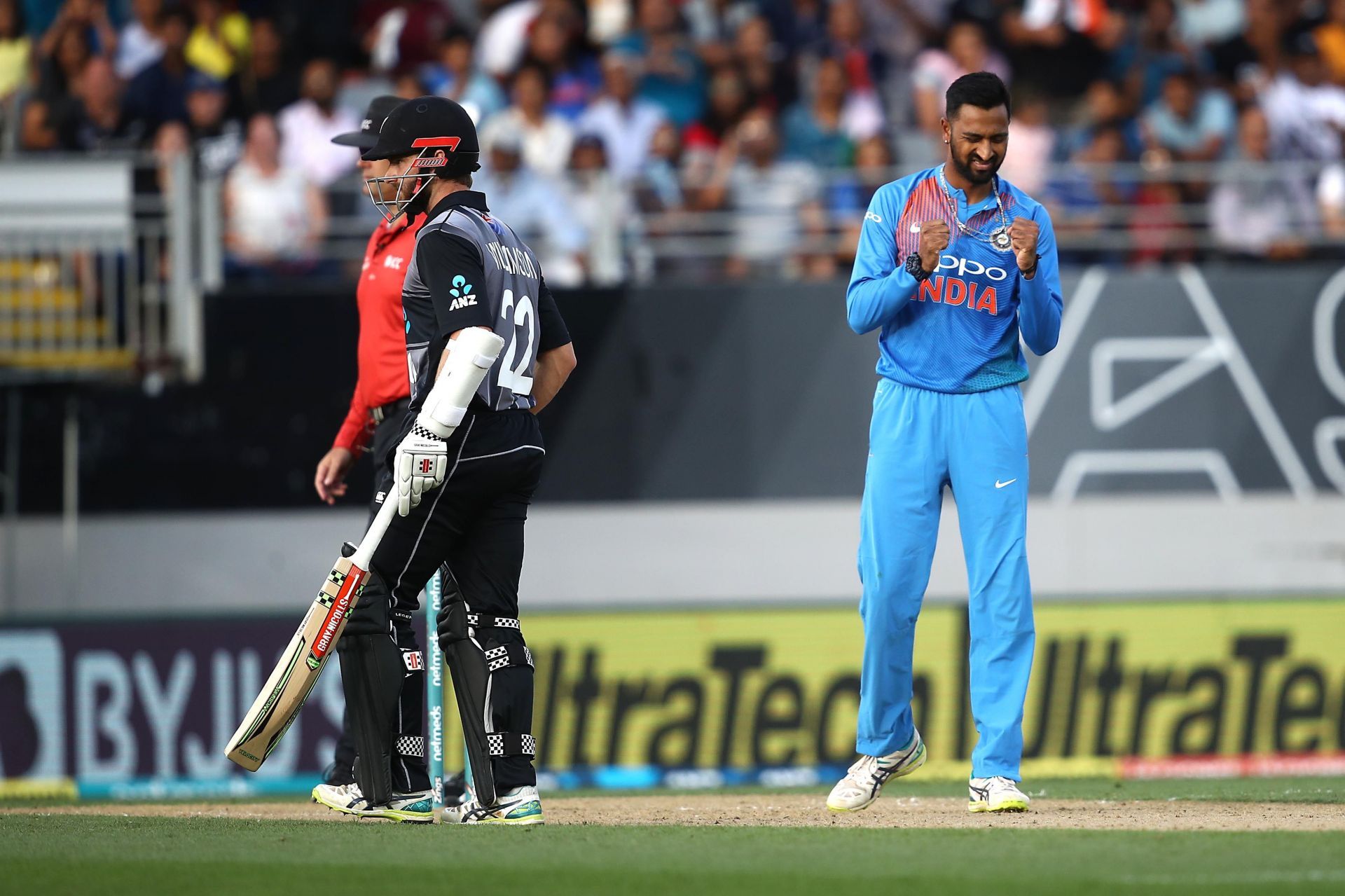 Krunal Pandya reacts after dismissing Colin Munro in the Auckland T20I. Pic: Getty Images