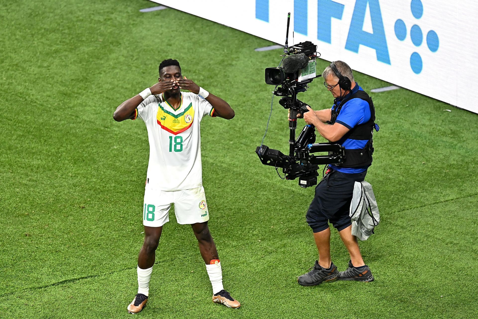 Ismaila Sarr celebrates after scoring against Ecuador.