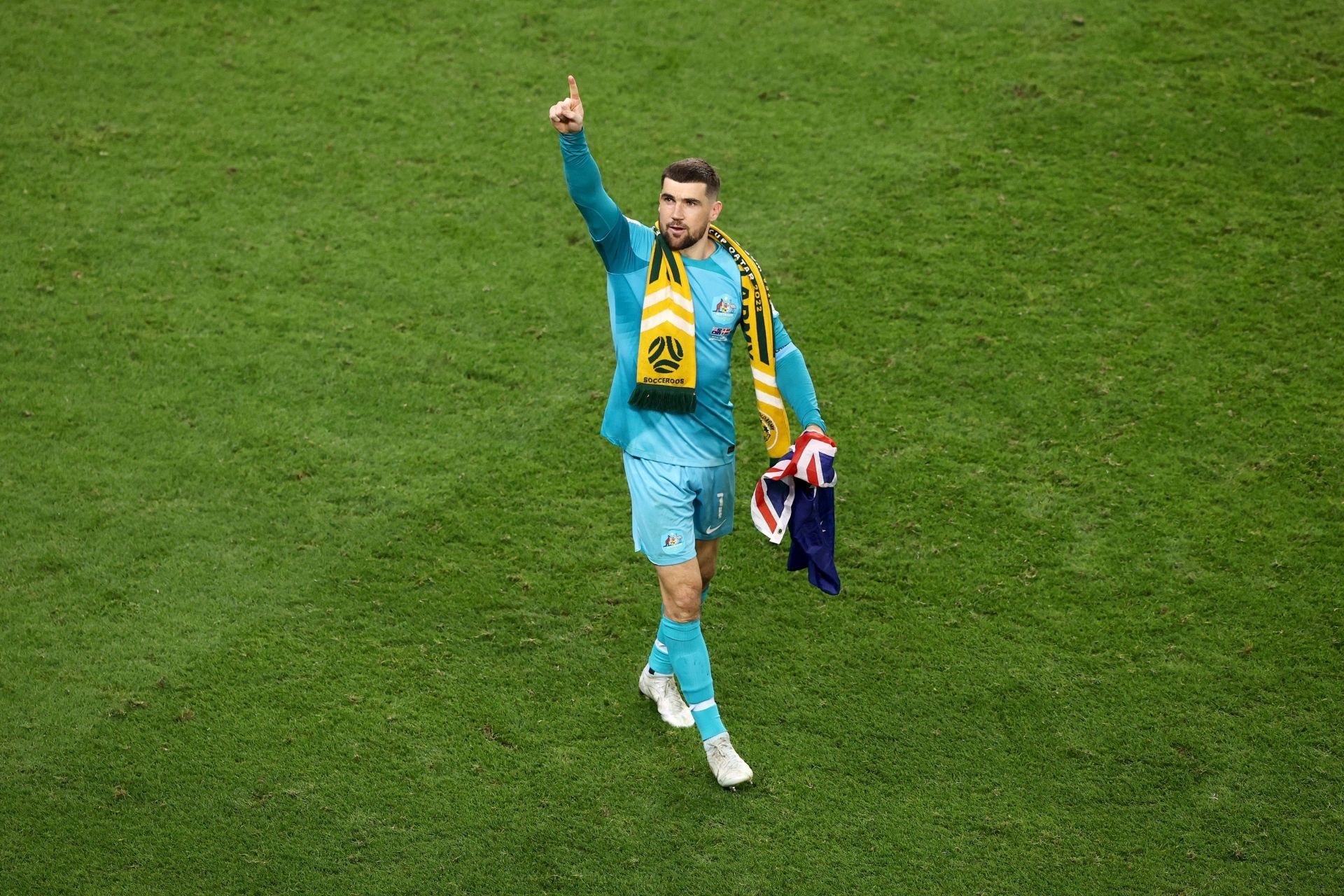 Mathew Ryan celebrates after the 1-0 win against Denmark.