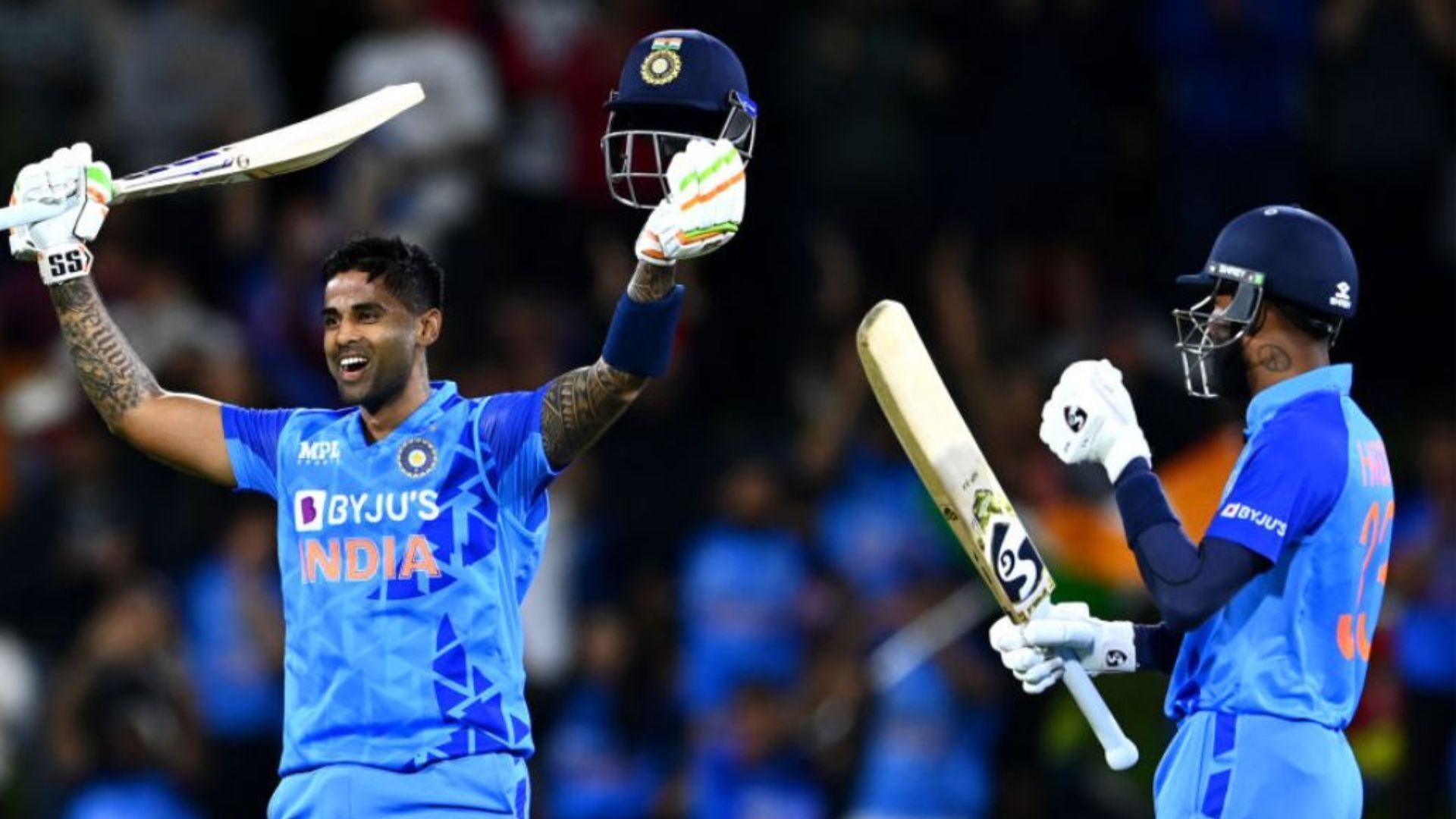 Suryakumar Yadav celebrates after reaching his century against New Zealand in the 2nd T20I