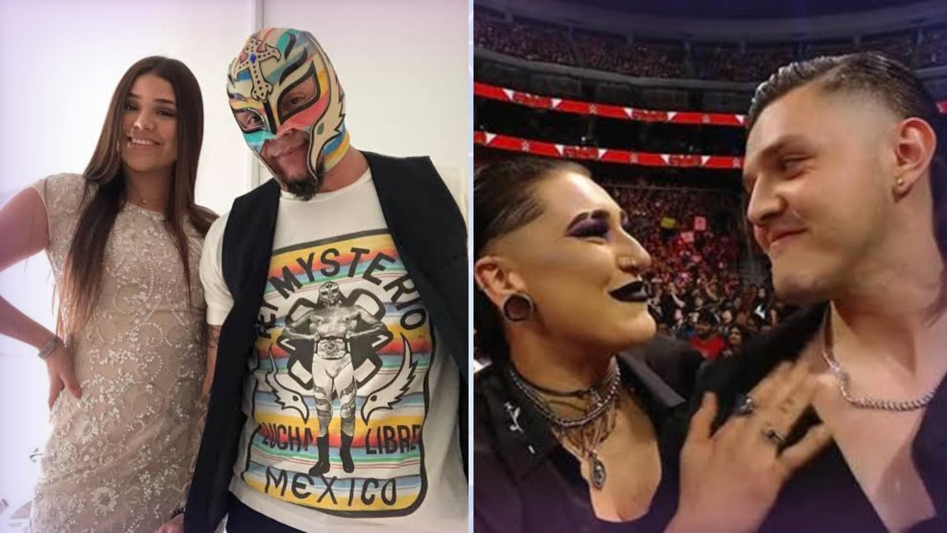 Aalyah with WWE Superstar dad Rey Mysterio alongside Rhea Ripley and Dominik Mysterio