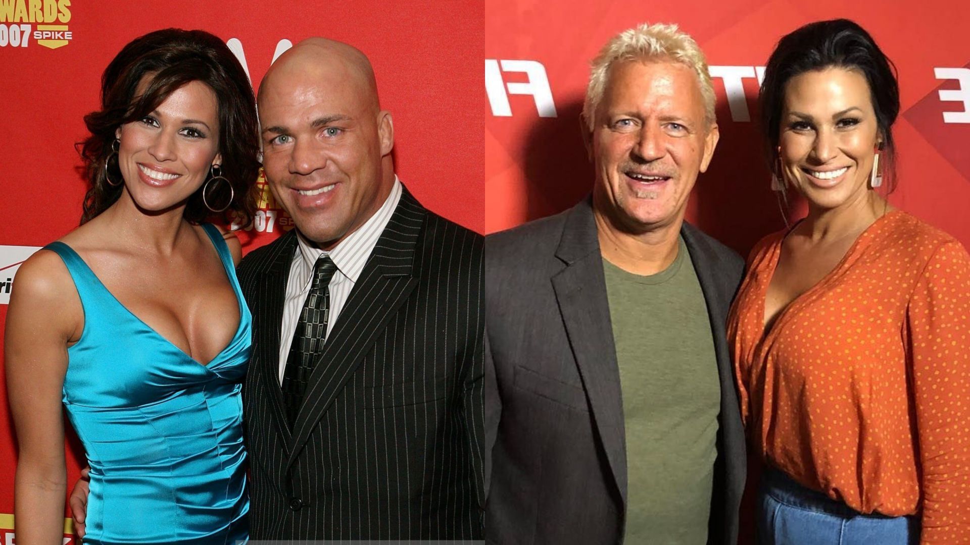 Karen Smedley with Kurt Angle (left) and Jeff Jarrett (right)