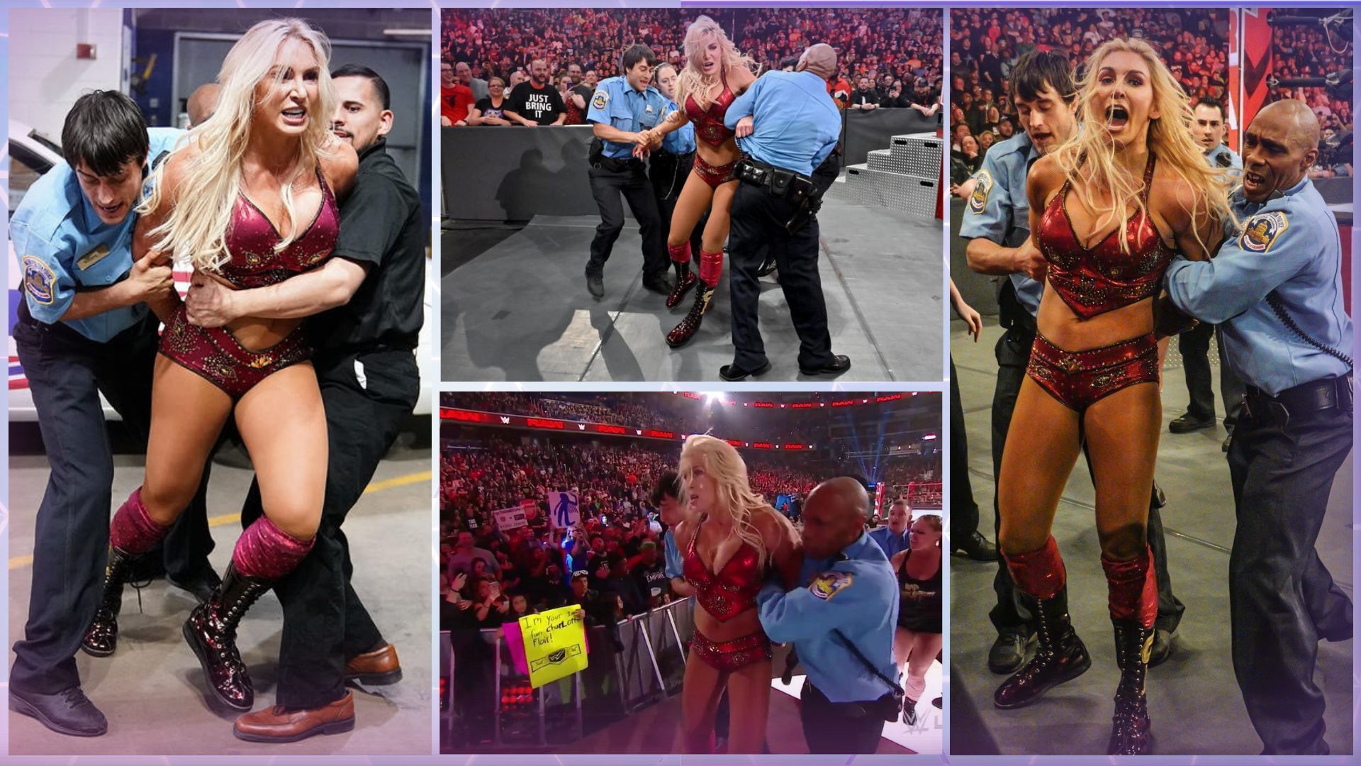 WWE Superstar Charlotte Flair being arrested after a match.