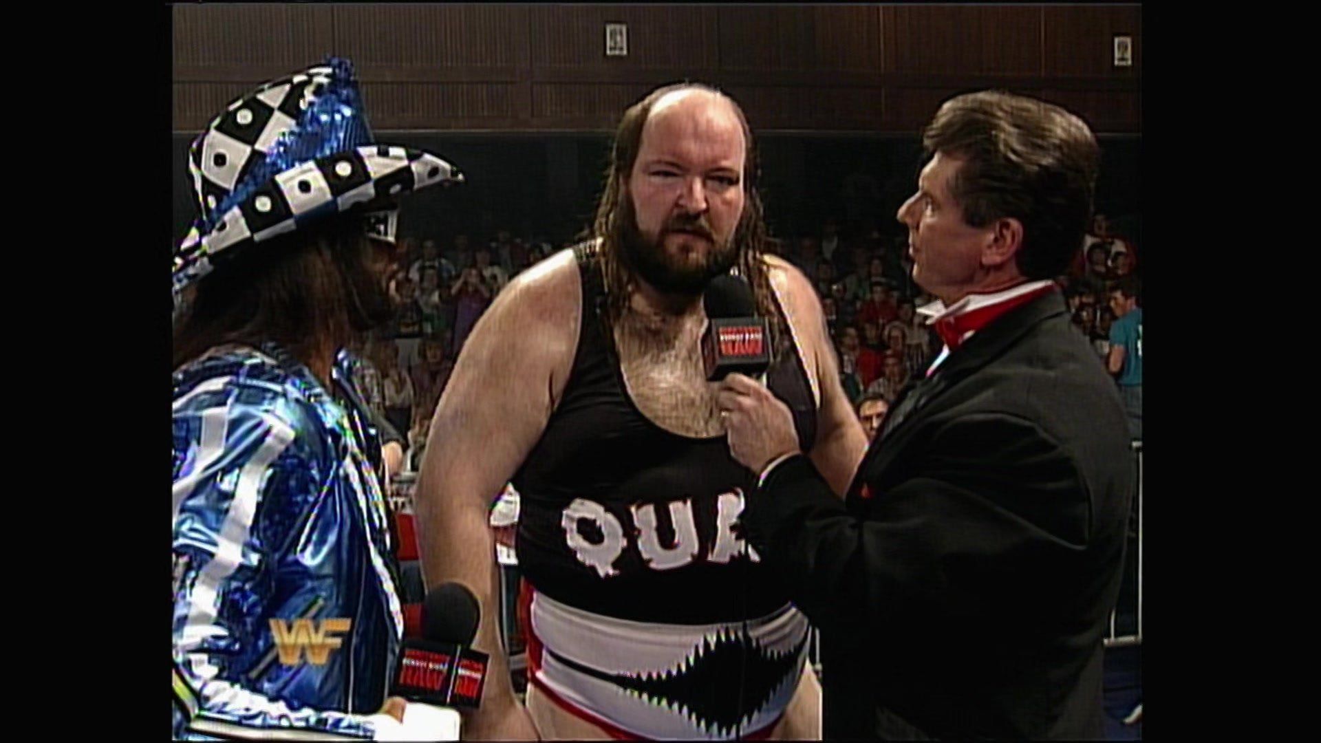 Vince McMahon and Randy Savage interviewing Earthquake