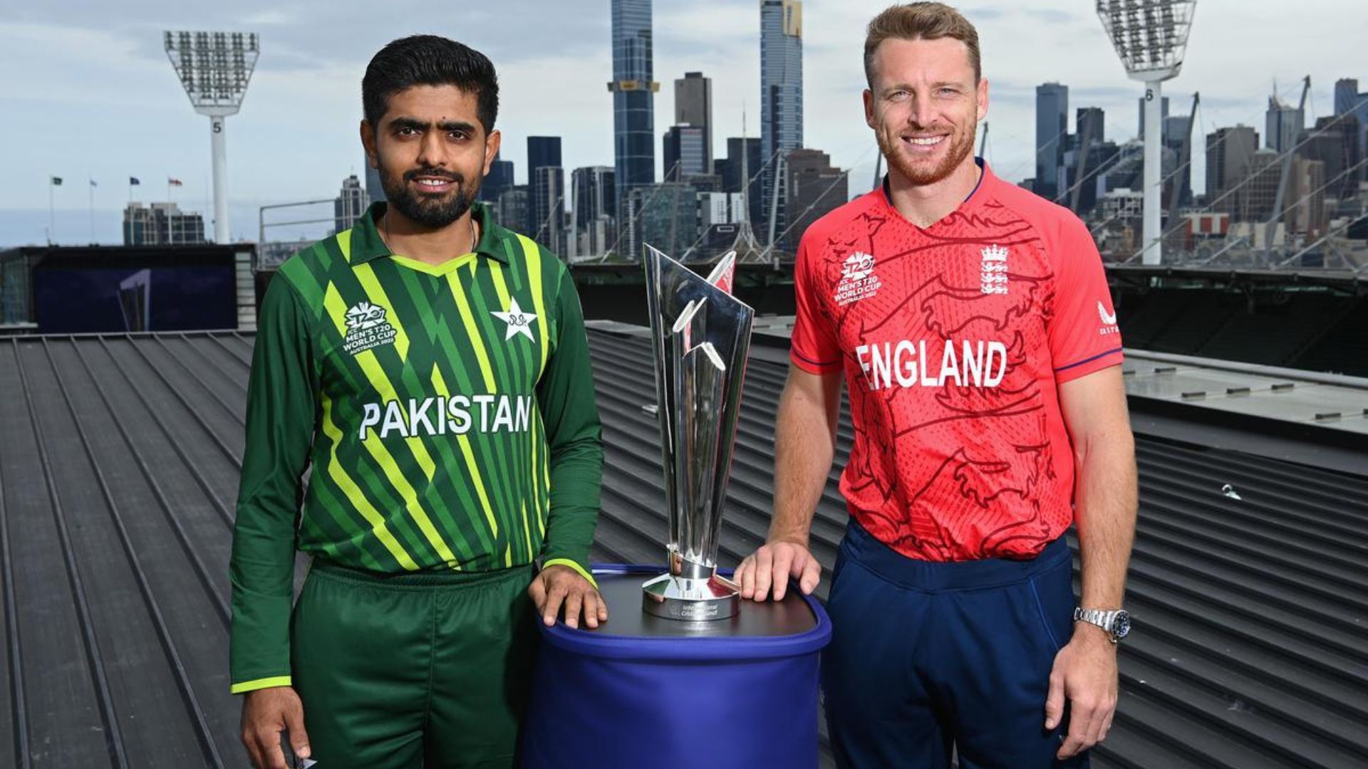 The captains posing with the T20 World Cup trophy ahead of the final. (P.C.:ICC)