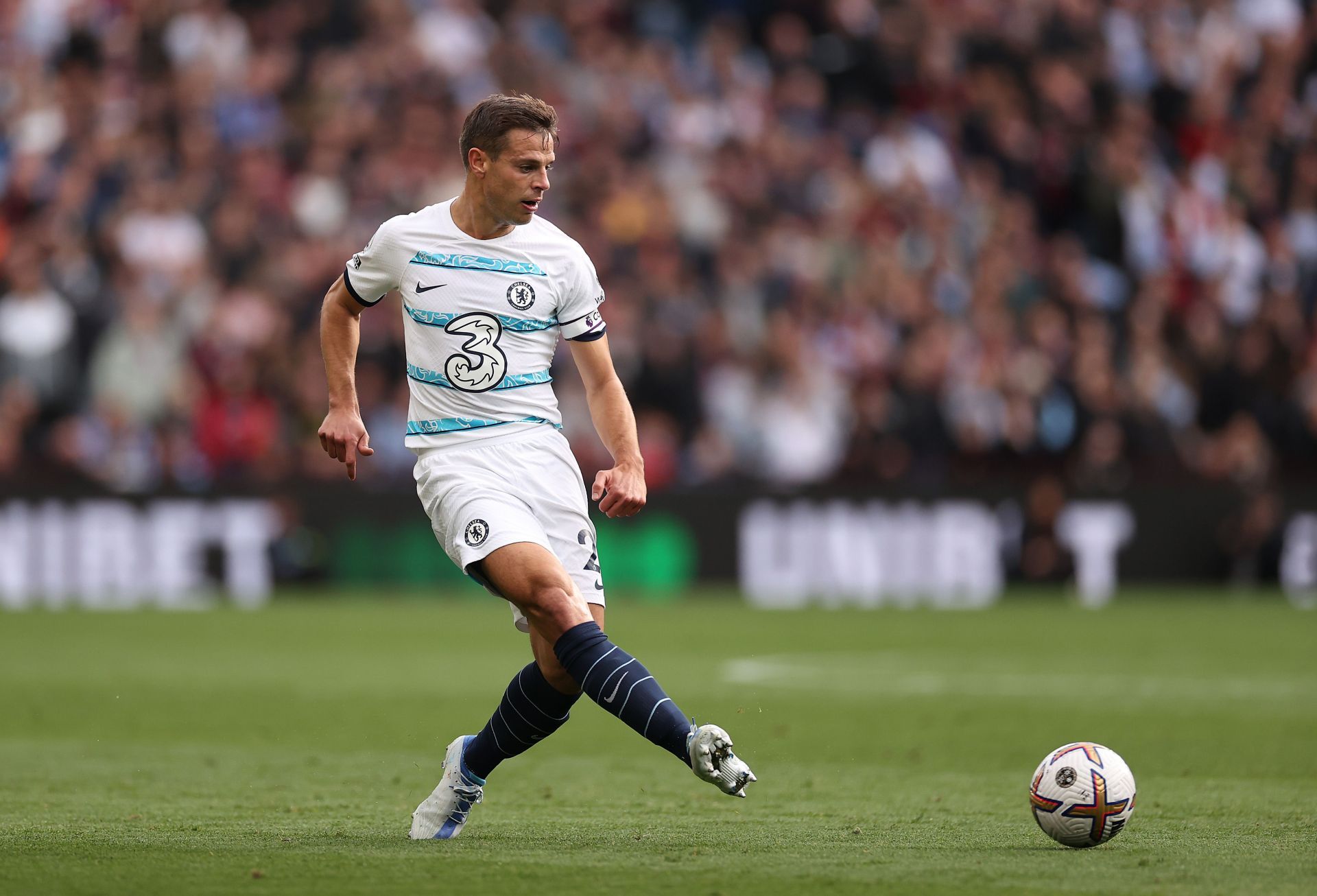 Cesar Azpilicueta in action v Aston Villa in the Premier League