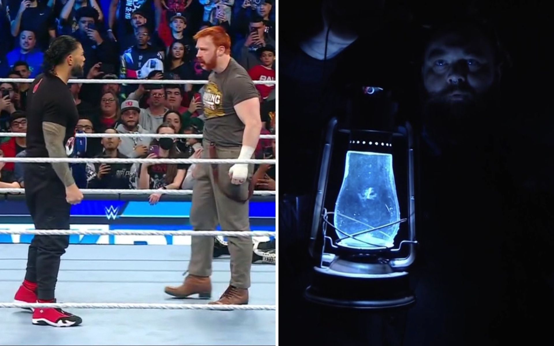 Sheamus and Roman Reigns (left); Bray Wyatt (right)